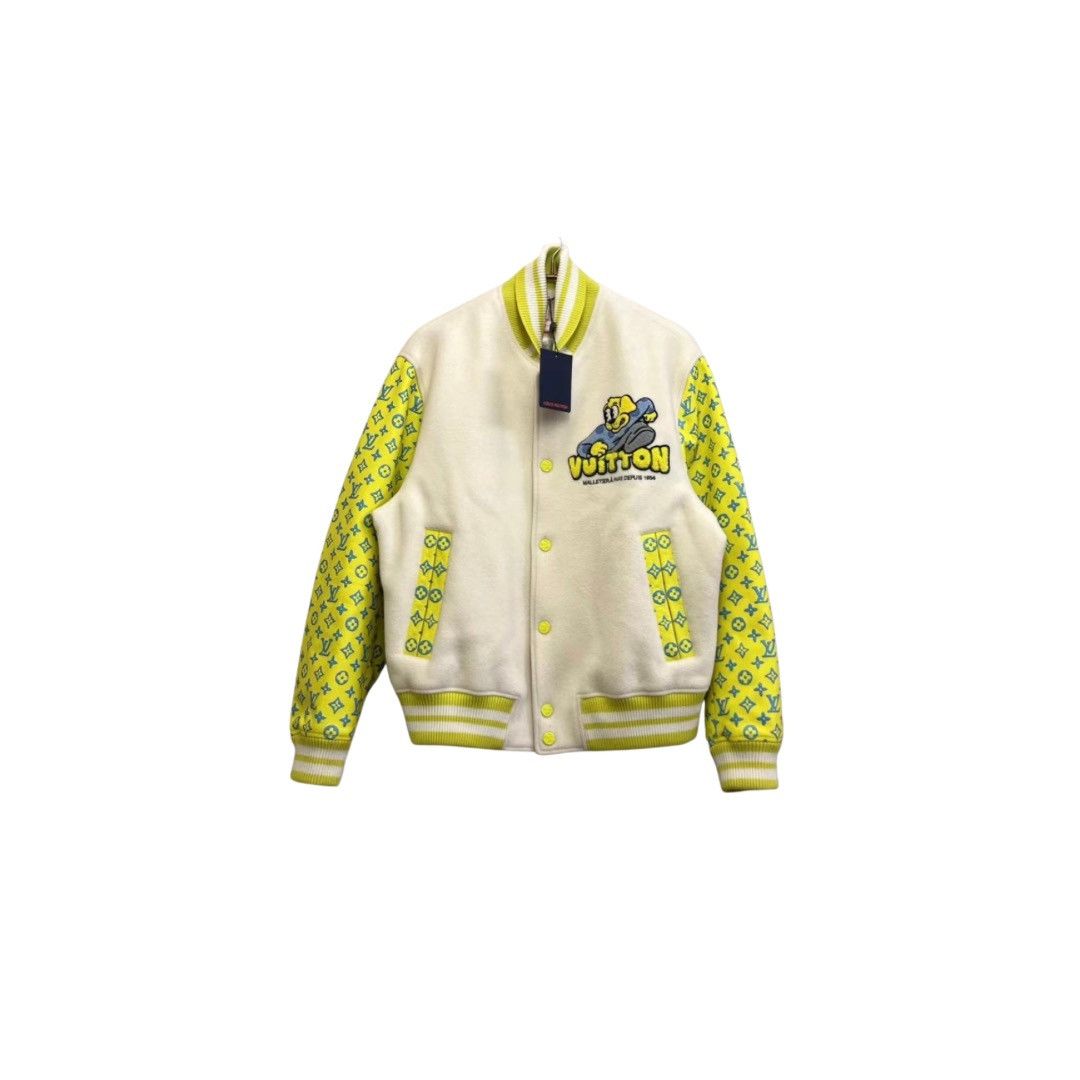image of Louis Vuitton White & Yellow Monogram Sleeve Varsity Jacket, Men's (Size Large)