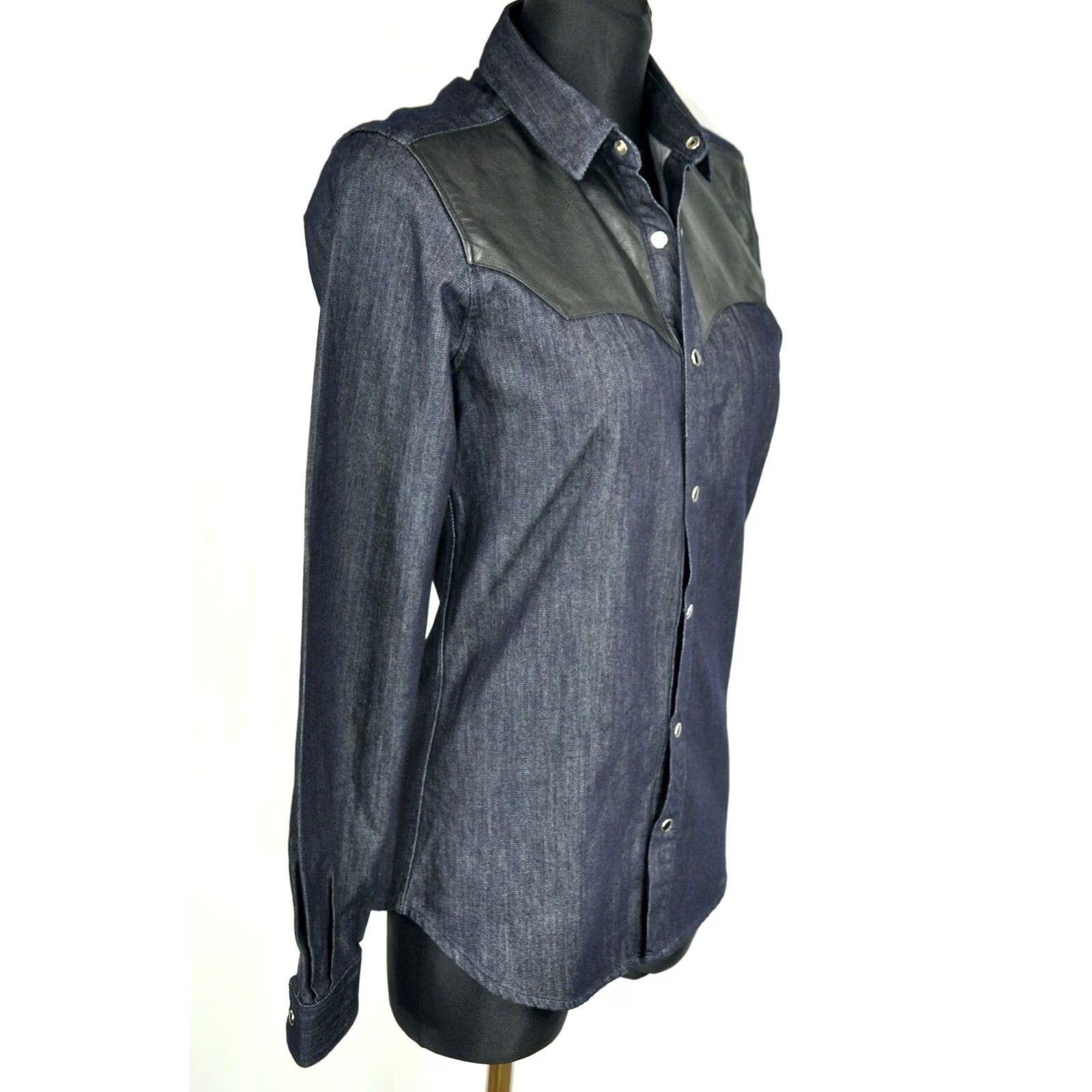The Kooples The Kooples Shirt Women's XS Denim Leather Western Collared Button-Up Long Sleeve Blue Casual Vintage? Size XS / US 0-2 / IT 36-38 - 3 Thumbnail
