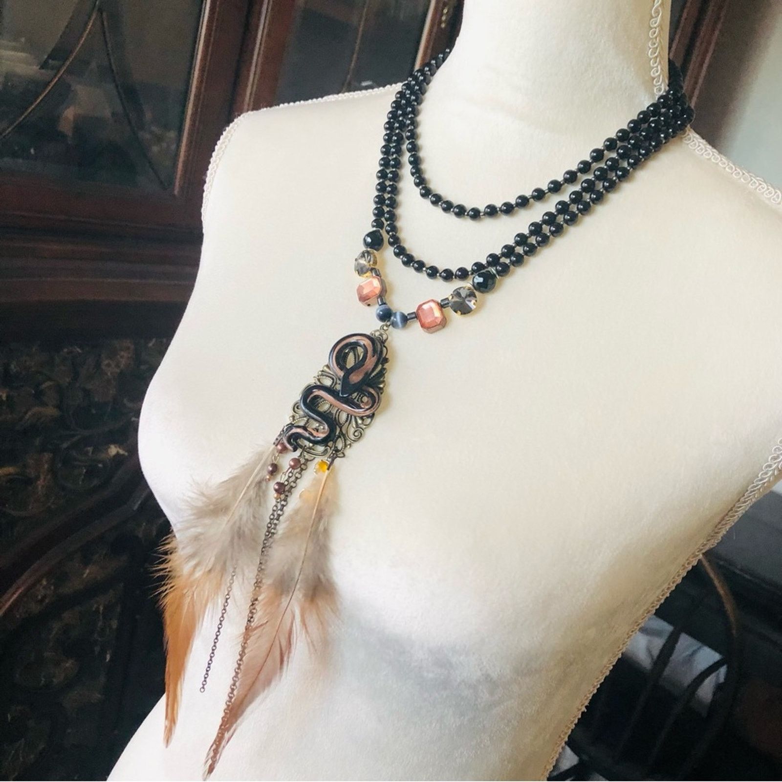 Handmade Handcrafted filigree snake Czech Pearl genuine onyx necklace Size ONE SIZE - 1 Thumbnail
