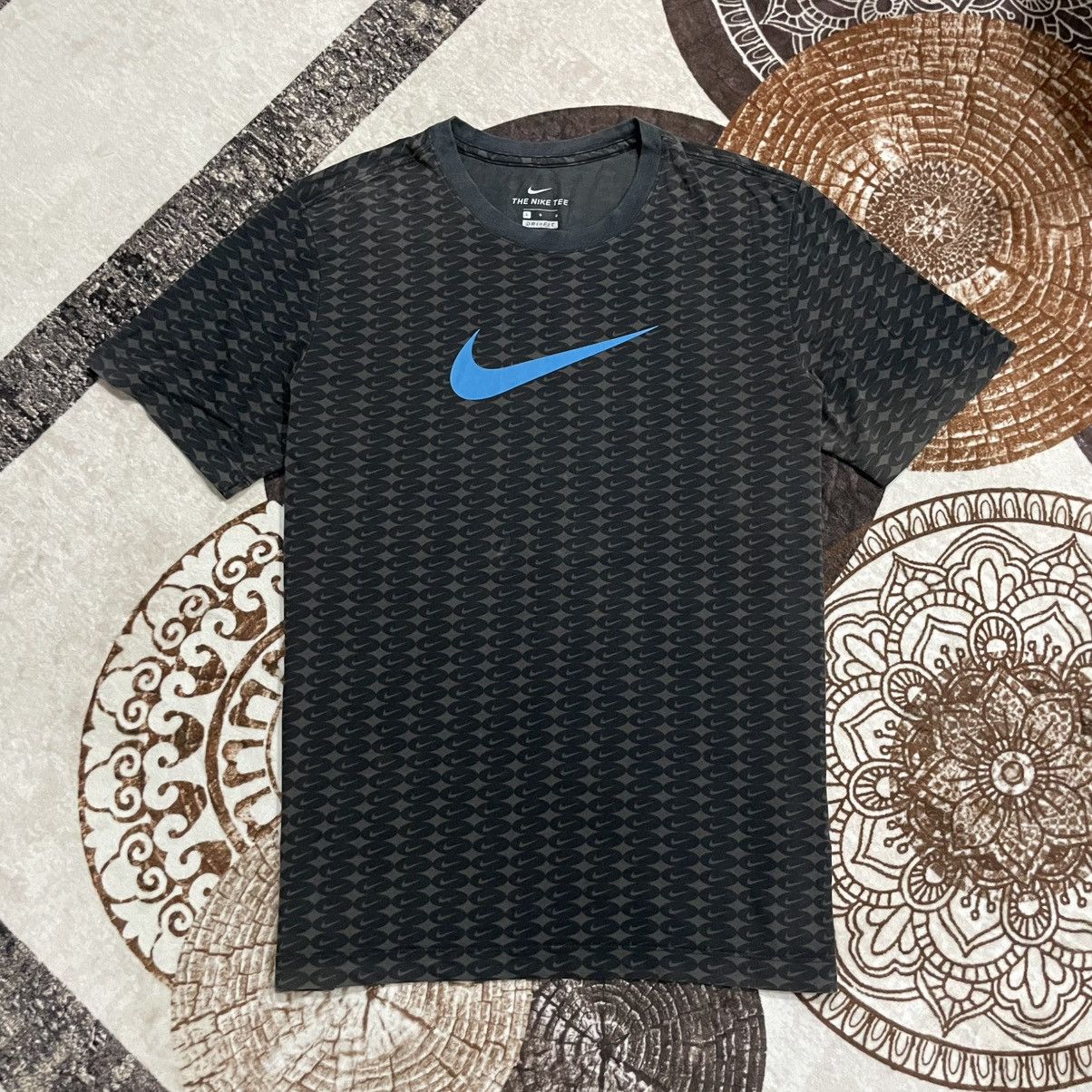 Nike Shirt Gray Crew Neck Dri Fit Swoosh All Over Print Logo