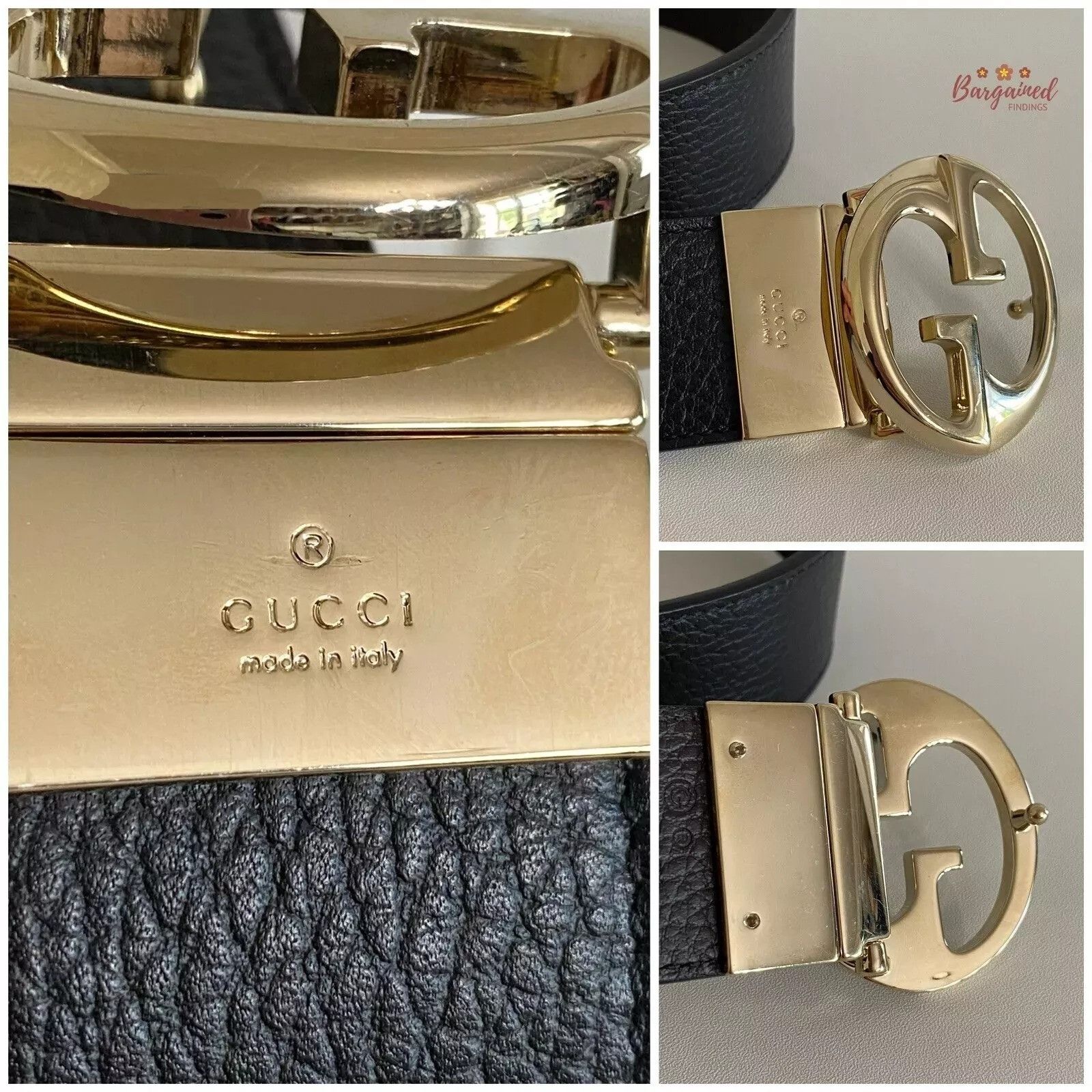 Gucci Gucci Black Pebbled Calf Leather Reversible Gold 1973 Belt Size 34 - 9 Thumbnail