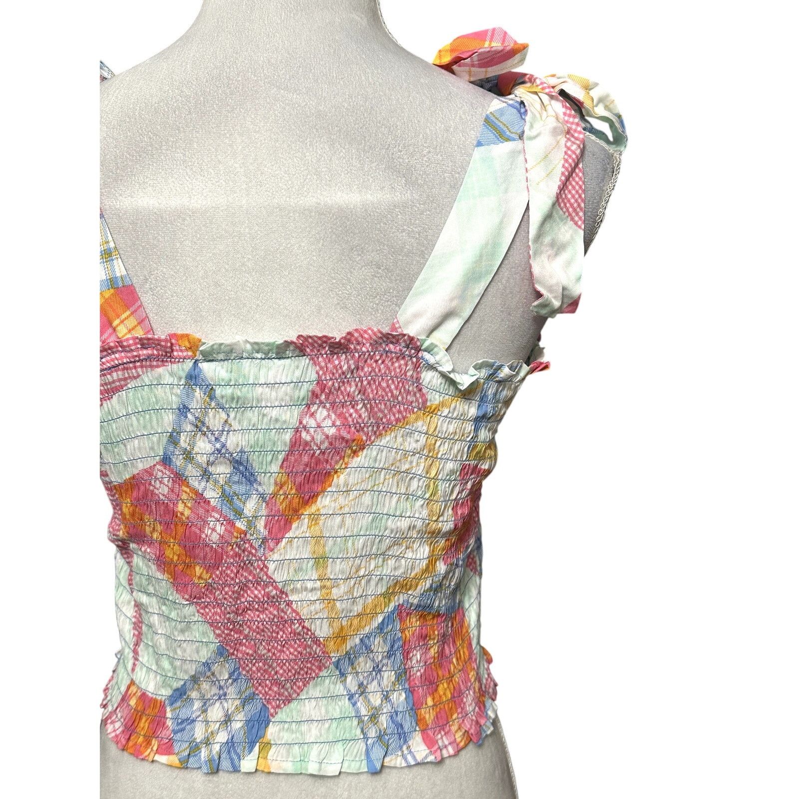 BP. BP Crop Top Smocked Shoulder Tie Geometric Multi Pastel NWOT Size L / US 10 / IT 46 - 6 Thumbnail