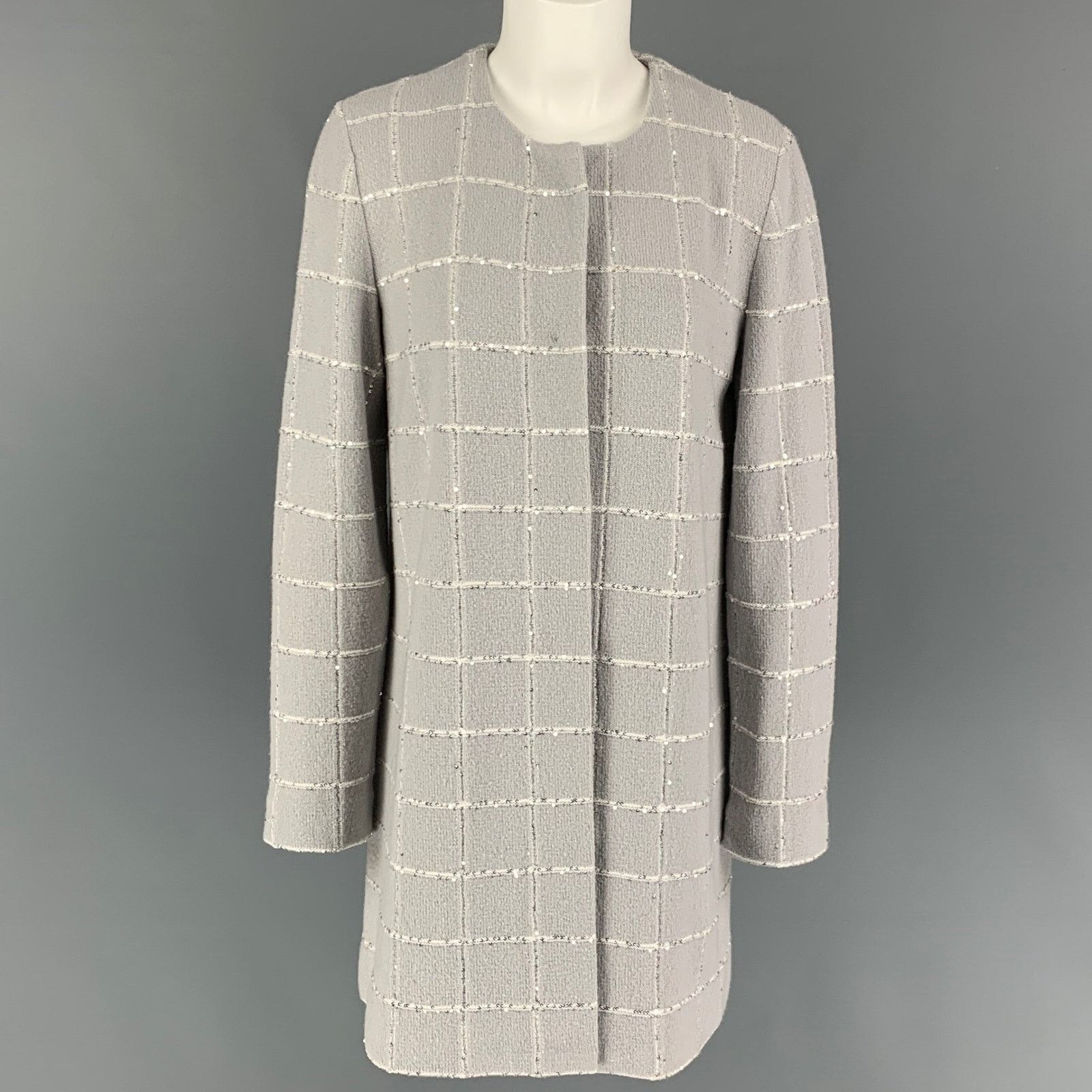 Size 10 Light Gray Wool Blend Knitted Collarless Coat