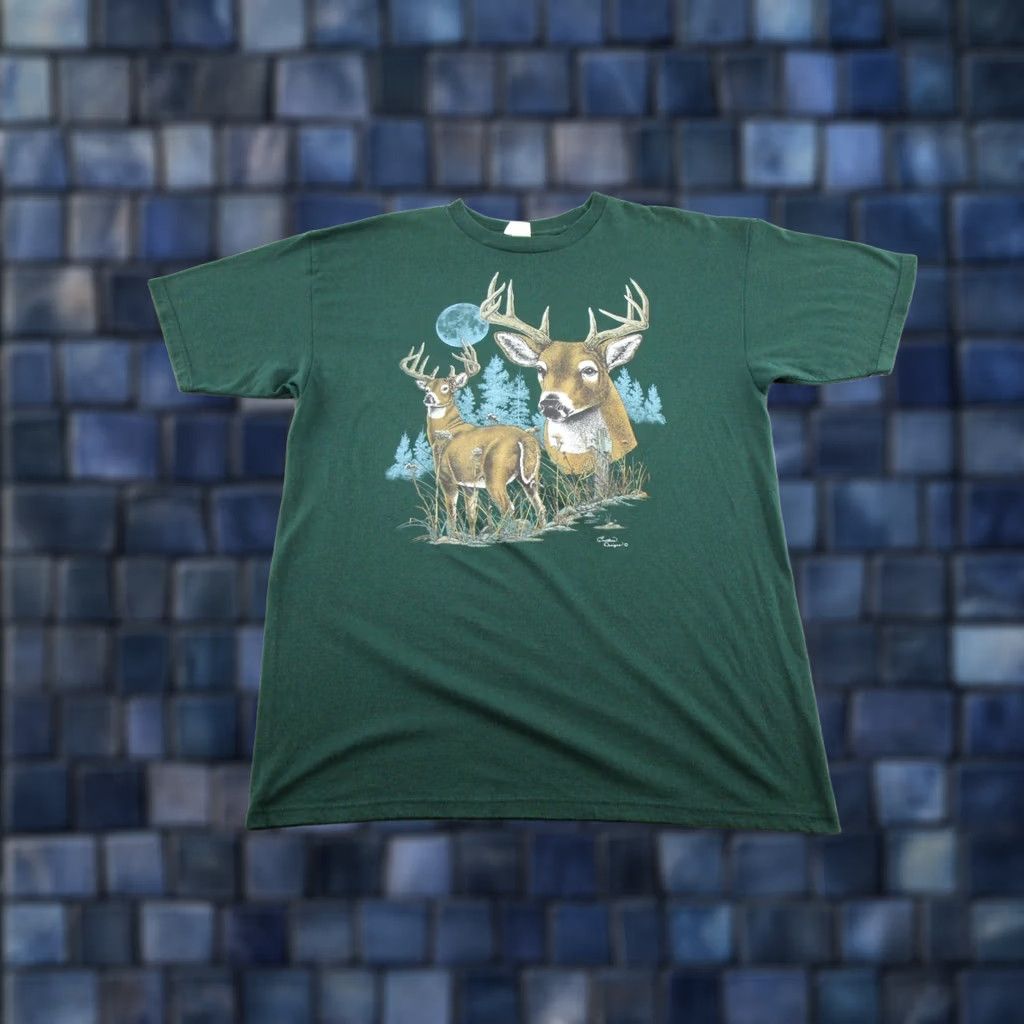 Endless Vintage Endless 2XL T-Shirt Men Graphic Print Crew Neck 90s Deer Buck Green Cotton Short Sleeve Shirt Size US XXL / EU 58 / 5 - 1 Thumbnail
