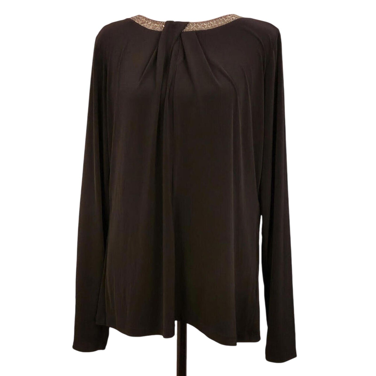 Liz Claiborne Liz Claiborne Jeweled Black Blouse LT Tall Long Sleeve Top Size L / US 10 / IT 46 - 2 Thumbnail