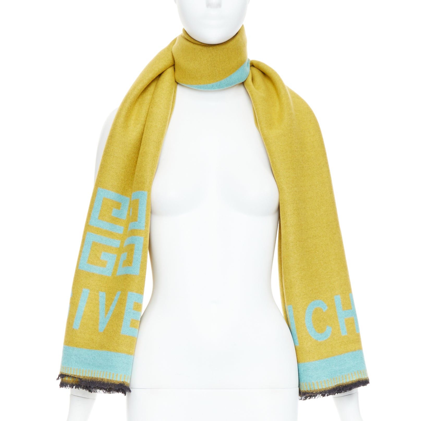 Givenchy GIVENCHY mustard mint green wooly black fringe big logo long scarf Size ONE SIZE - 1 Thumbnail