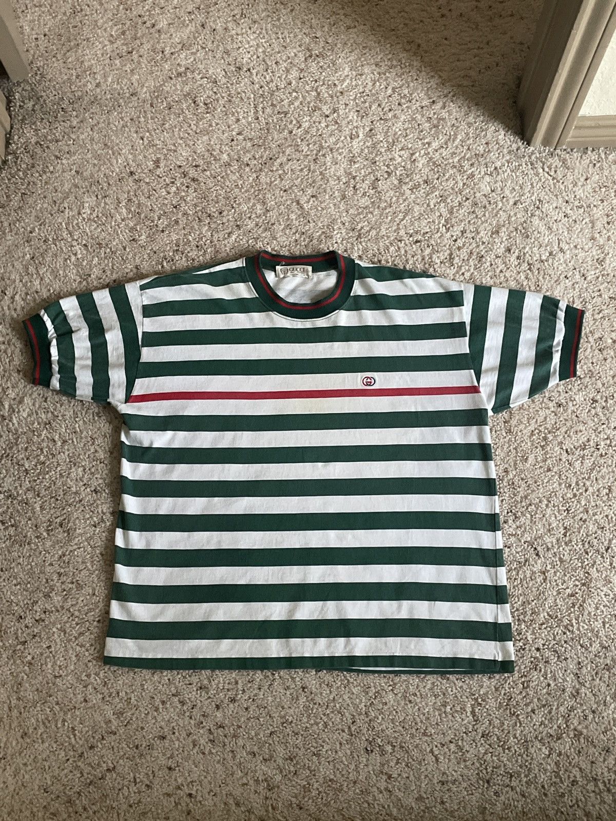 image of Gucci Striped T-Shirt in Green/White/Red, Men's (Size Small)