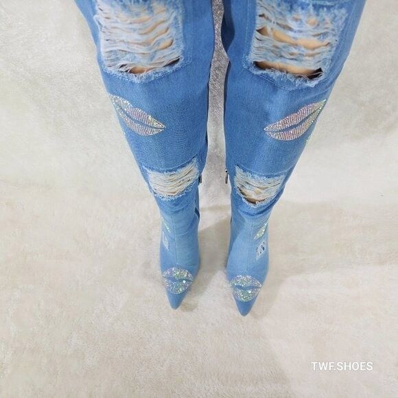 Other Kiss My - Blue Distressed Denim Thigh High Boots With Rhines Size US 11 / IT 41 - 3 Thumbnail