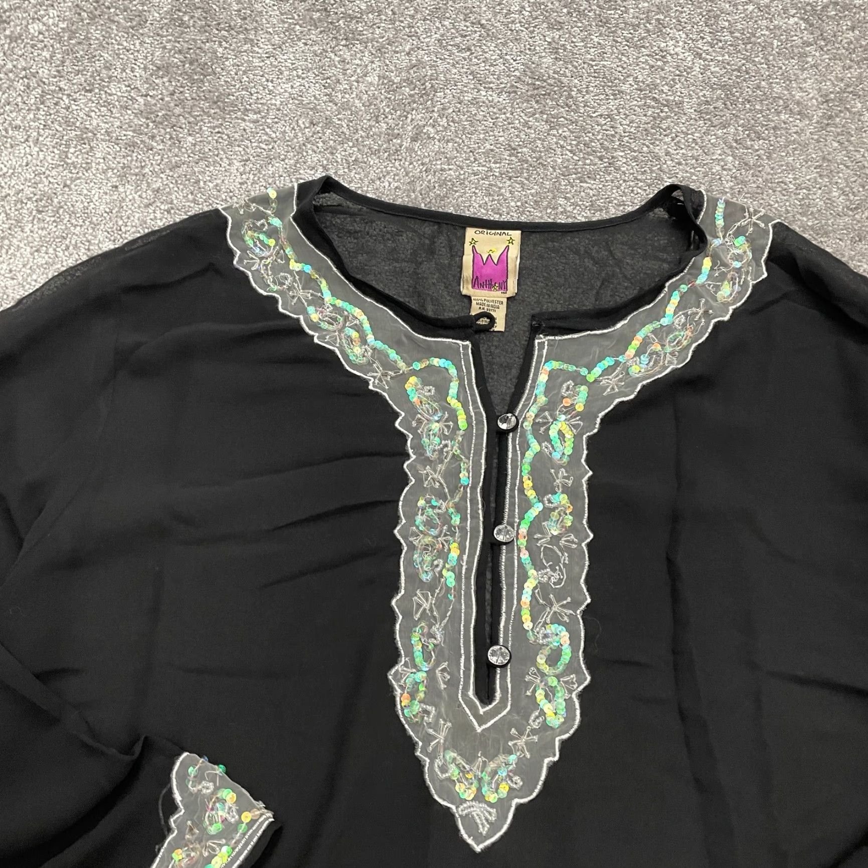 Vintage VINTAGE Anthony Blouse Women 3X Black Long Sleeve Chiffon Henley Beaded Shirt Size XXL / US 16-18 / IT 52-54 - 3 Thumbnail