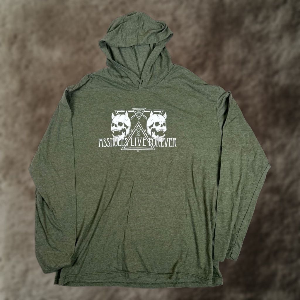 Olive Assholes*s Live Forever Long Sleeve Hooded Shirt Green Skulls Size 2XL Size US XXL / EU 58 / 5 - 1 Thumbnail