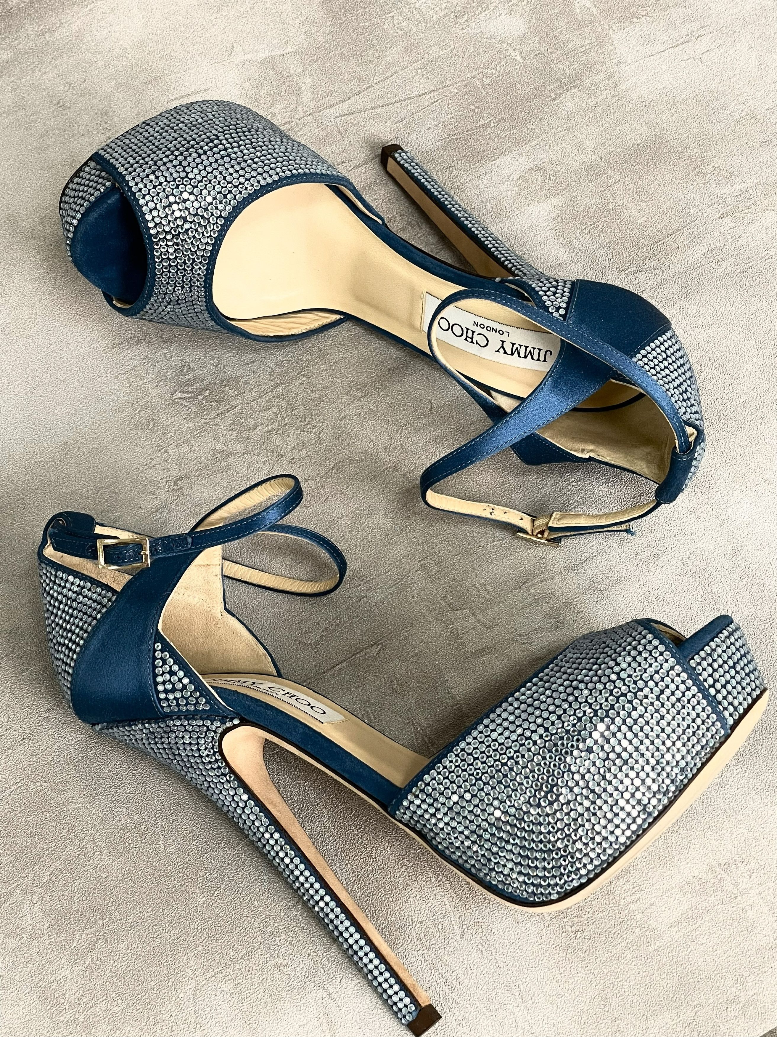 Jimmy Choo Jimmy Choo Blue Peep Toes 15cm Crystallized Platform Pumps Size US 7 / IT 37 - 8 Thumbnail