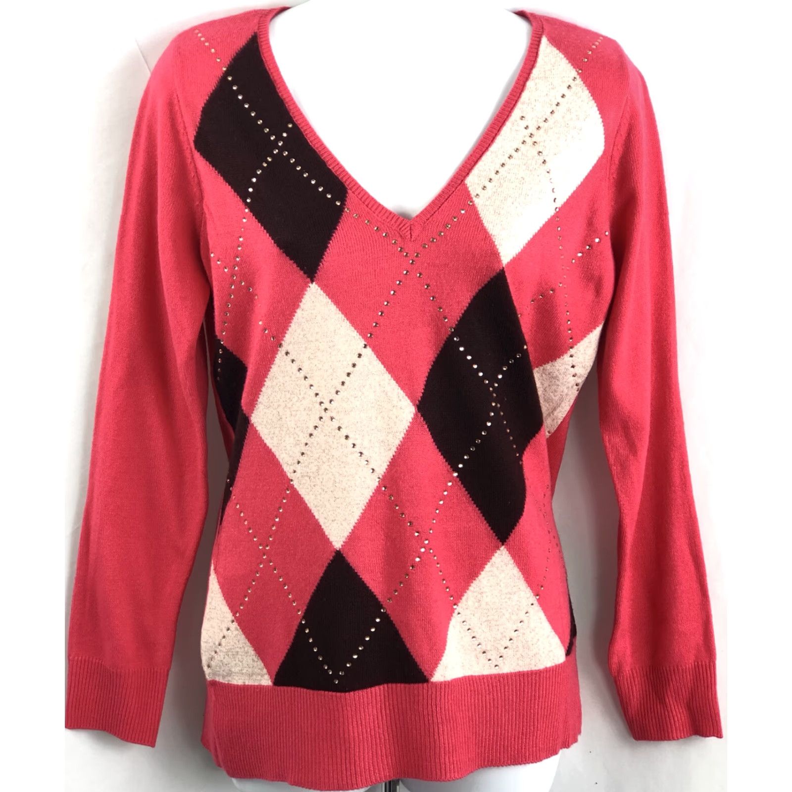 Vintage VINTAGE New York And Company Sweater S Dark Coral Argyle V-Neck Long Sleeve Raglan Beaded 90s Preppy Womens Pullover Knit Cotton Size S / US 4 / IT 40 - 5 Thumbnail