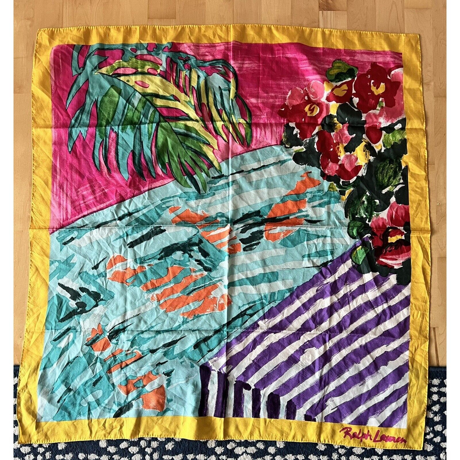 Ralph Lauren VTG Ralph Lauren Silk Vacation Print funky Scarf 33” Square Size ONE SIZE - 2 Thumbnail