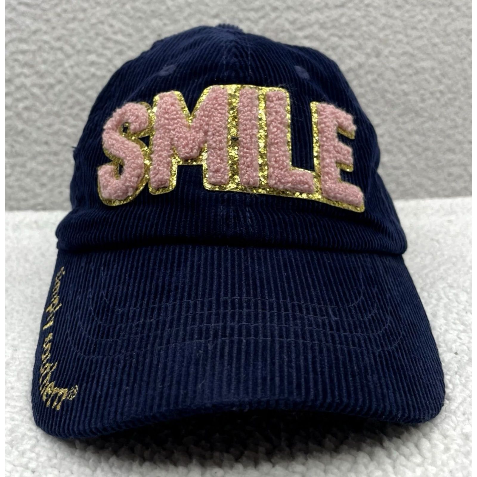 Vintage Simply Southern Corduroy Hat Womens Navy Blue SMILE Chenille Sequins Preppy Cute Hat Size ONE SIZE - 3 Thumbnail