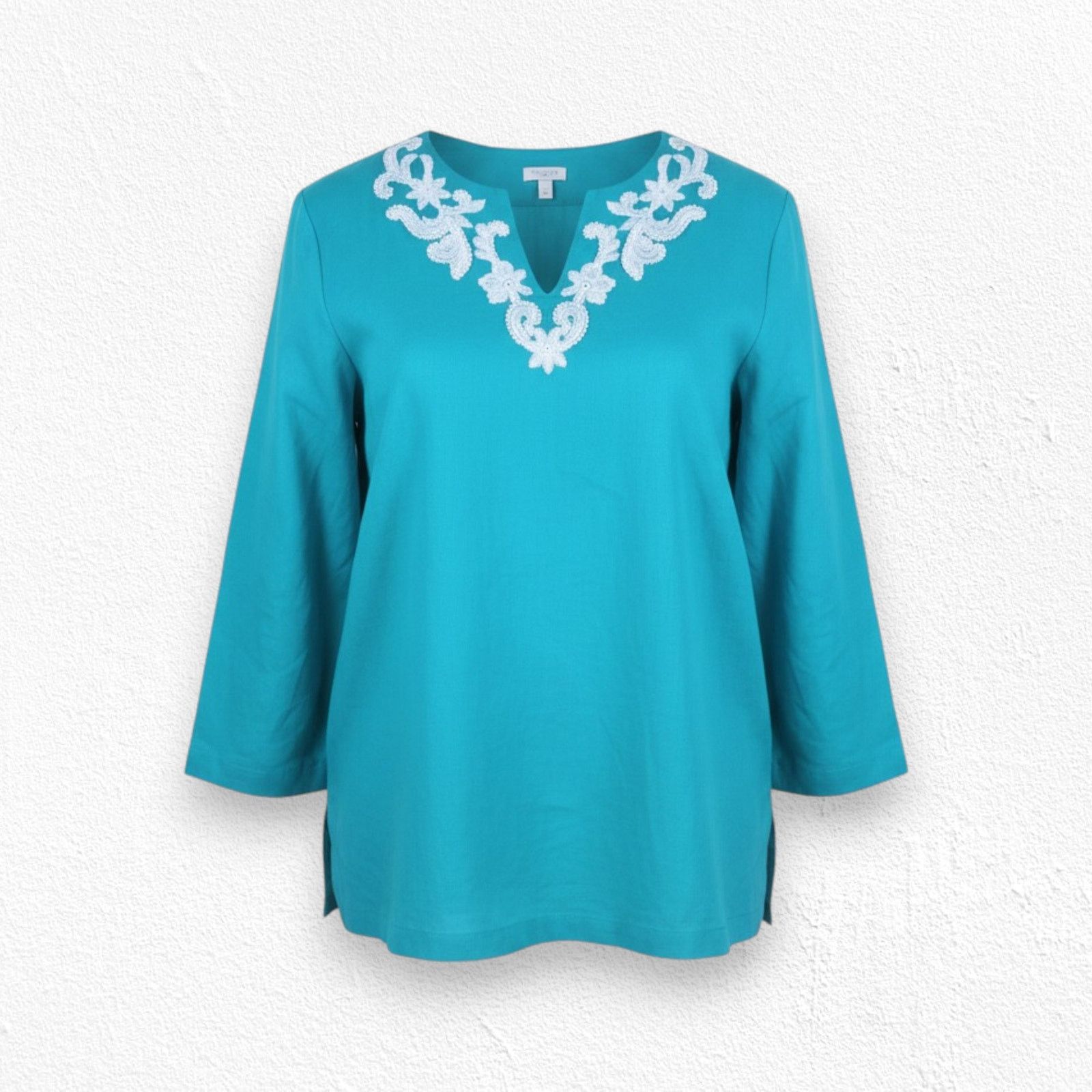 Other Talbots Teal Embroidered Linen Blouse Size Large Size L / US 10 / IT 46 - 1 Thumbnail