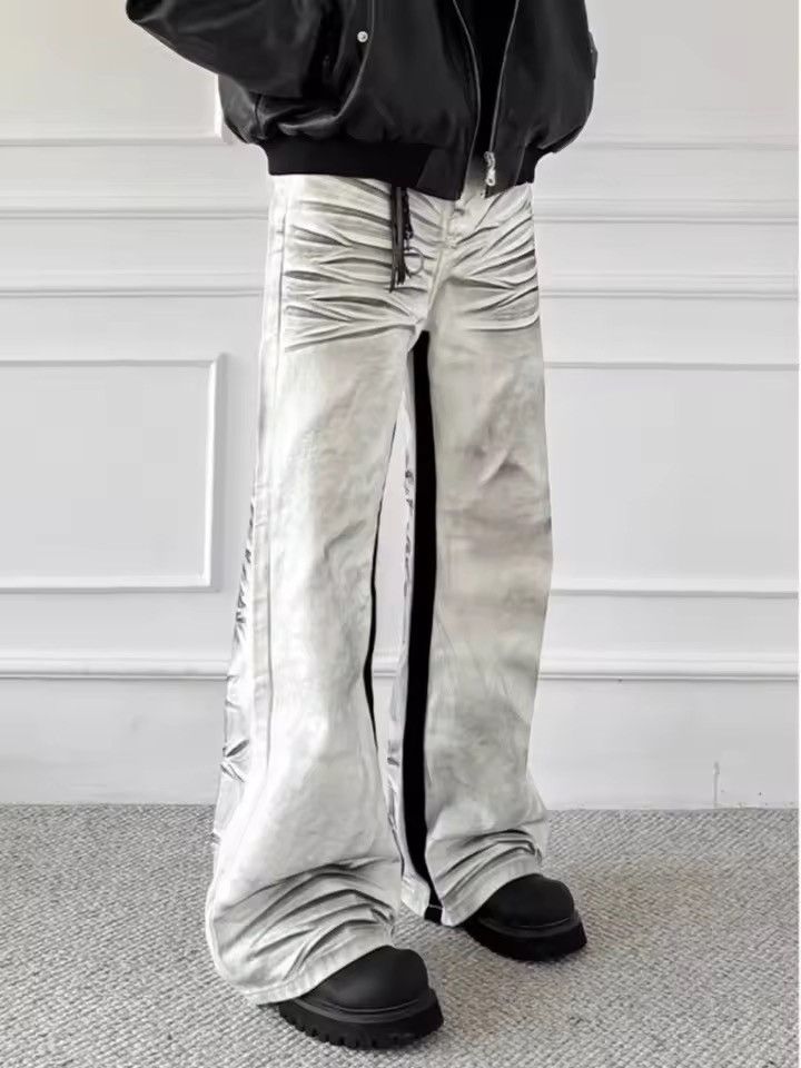 Japanese Brand Stacked Ruched Flare Denim – White Grey Wash Cargo Carpenter Size US 27 - 9 Thumbnail