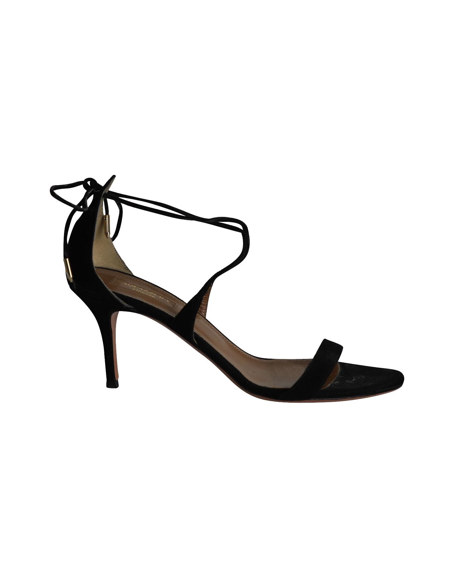 image of Aquazzura Lace-Up Heel Shoesed Sandals In Black Suede, Women's (Size 9)