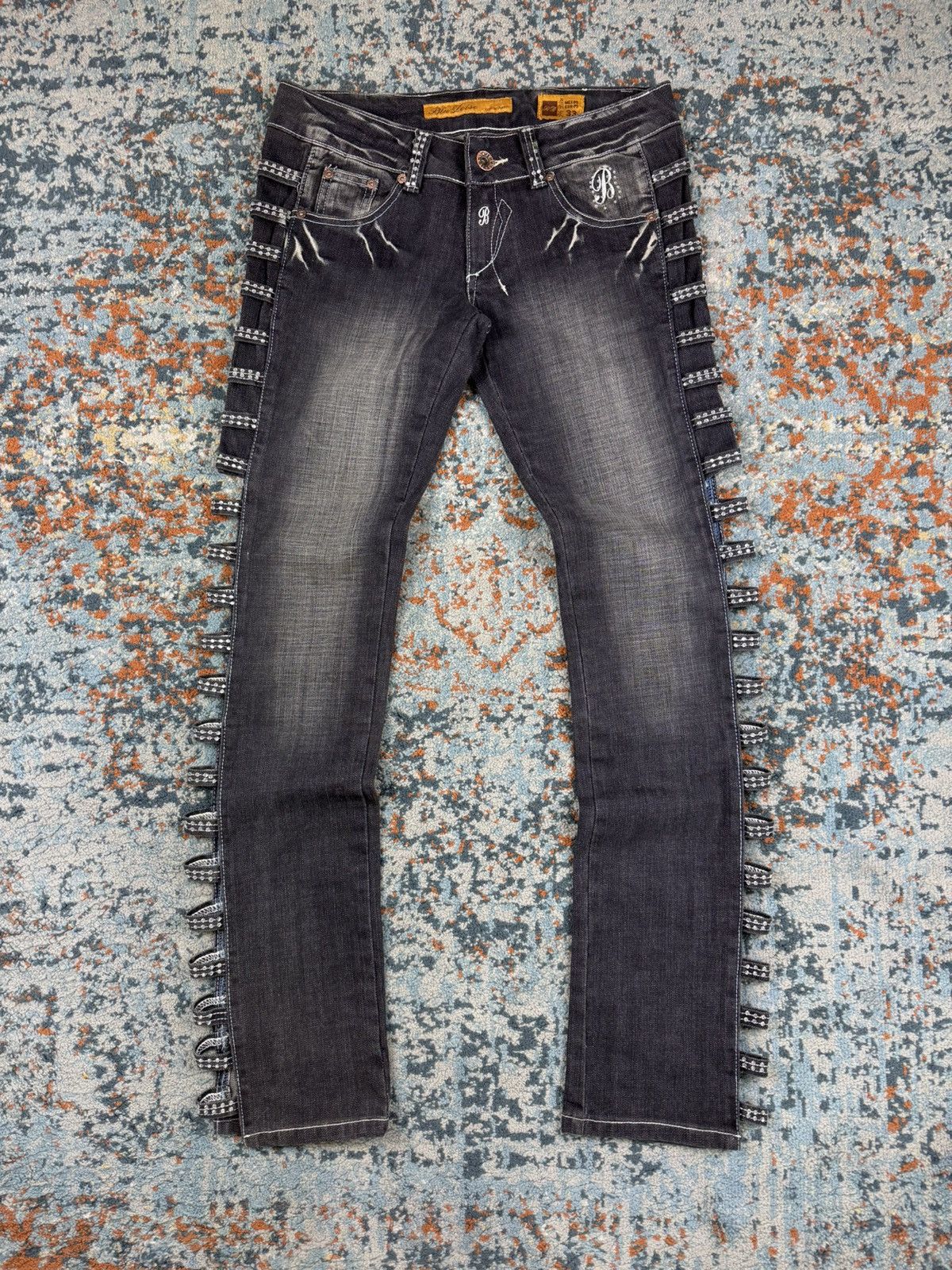 Japanese Brand × Vintage Vintage Y2K Crazy open leg side flared crystal studded denim Size 33" - 1 Thumbnail