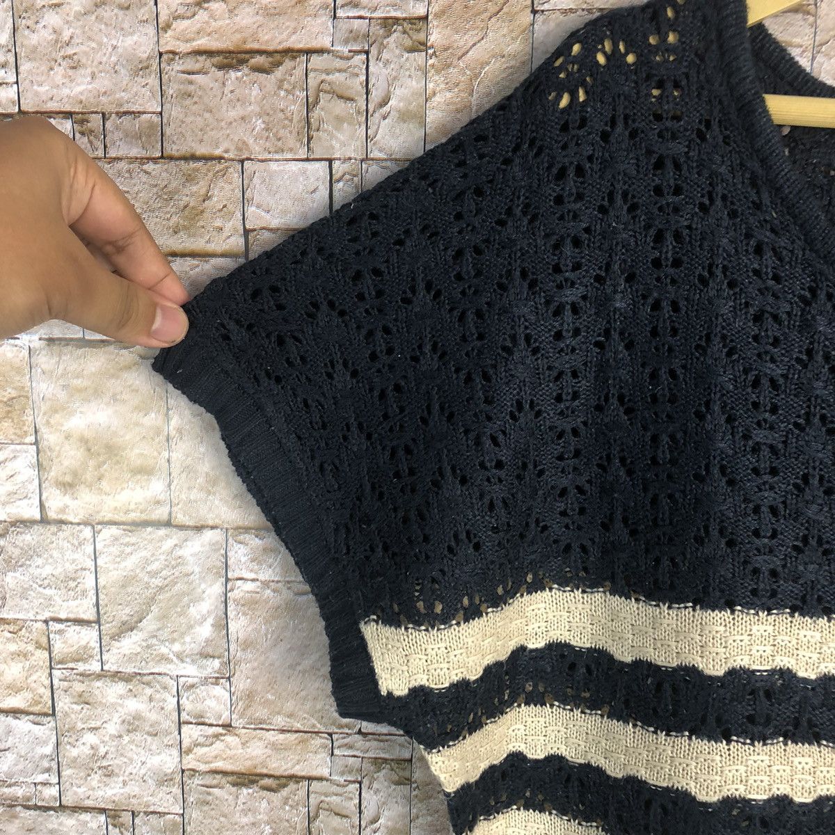 Homespun Knitwear × Japanese Brand × OVER THE STRiPES Cecil Mcbee Stripe crochet mesh net Dark Blue Knitwear #A761 Size M / US 6-8 / IT 42-44 - 7 Thumbnail