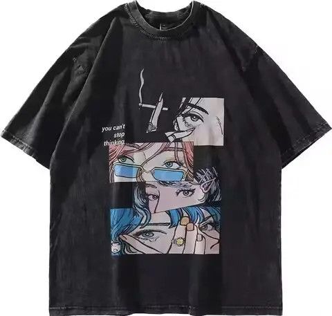 image of Anima Oversize Grunge T Shirt Streetwear Japanese Anime Eyes in Black, Men's (Size 2XL)