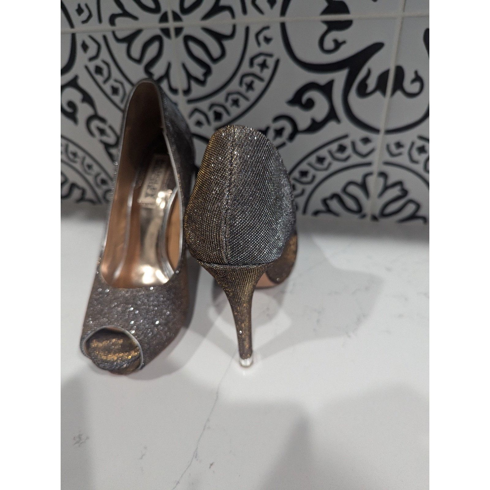 Badgley Mischka Badgley Mischka Gold/Silver Metallic Fabric Peep Toe Stilett Size US 6 / IT 36 - 6 Thumbnail