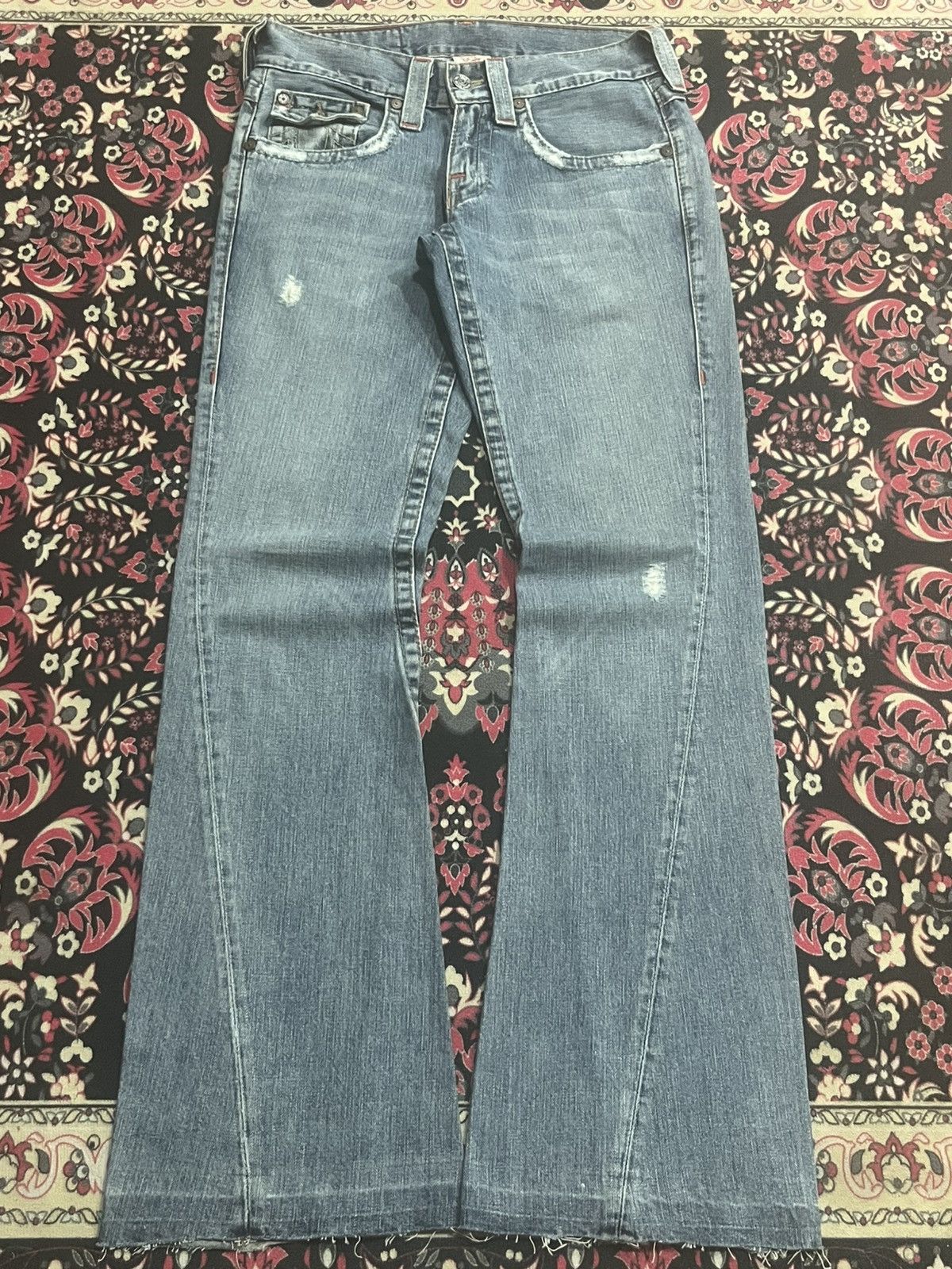 True Religion True Religion Joey Brown Leather Flap Pocket Flare Blue Jean Size US 28 / EU 44 - 1 Thumbnail
