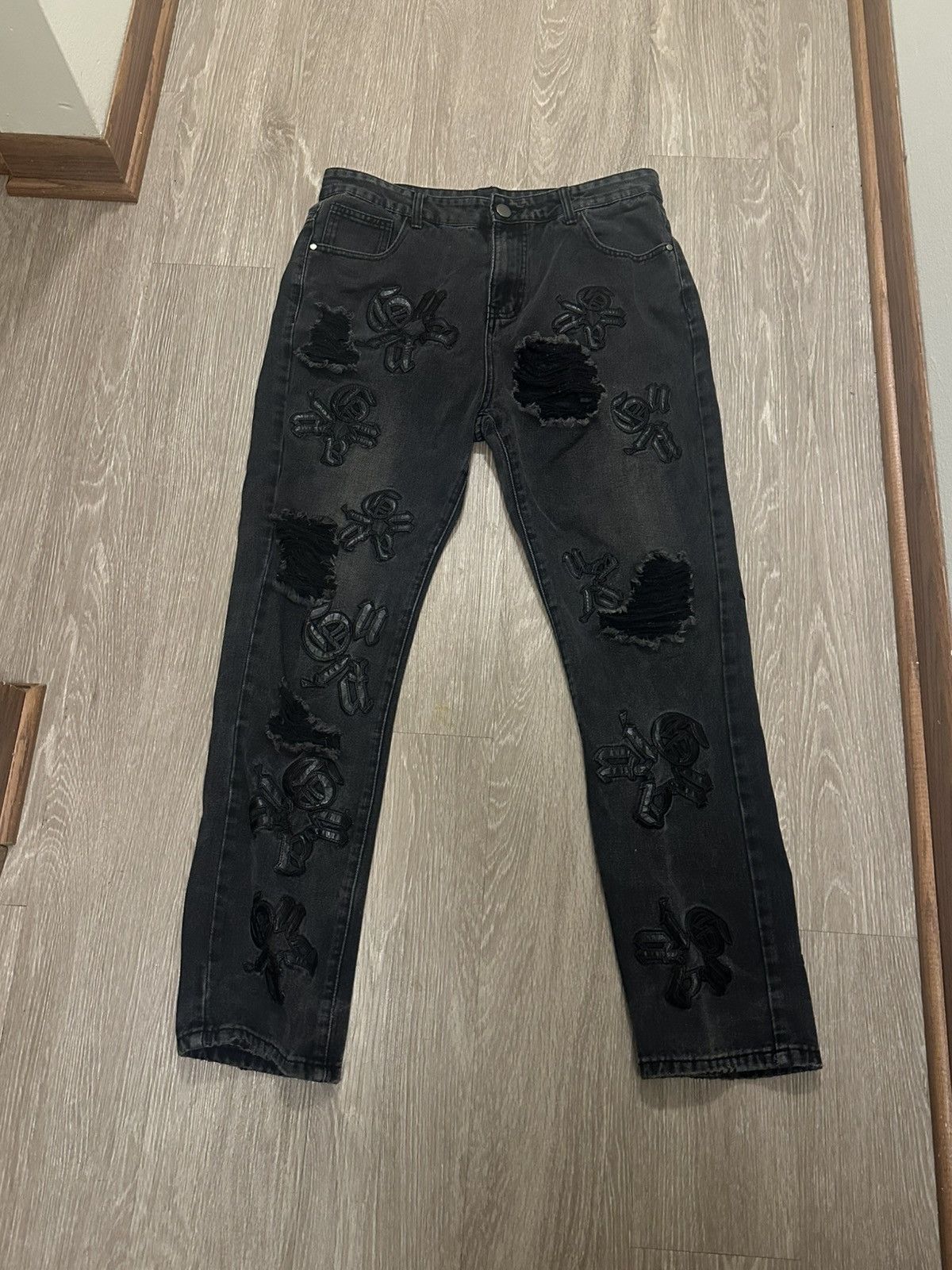 Other Black Distressed Cross Patch Denim Jeans Size US 34 / EU 50 - 1 Thumbnail