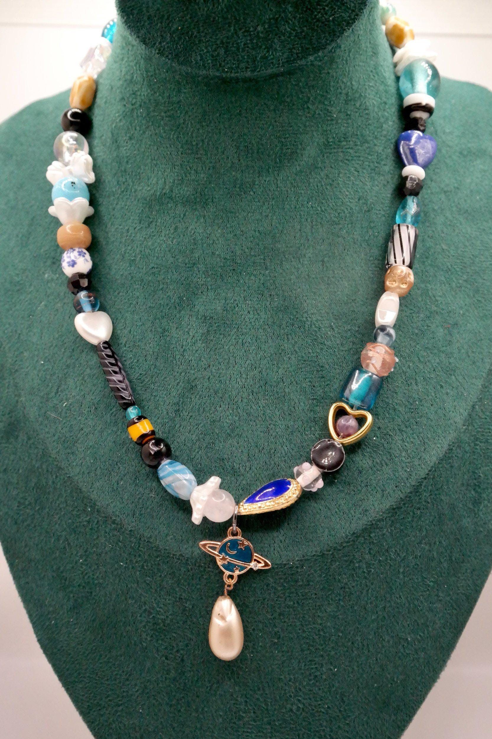 Handmade Blue & Gold Saturn Beaded Necklace Size ONE SIZE - 3 Thumbnail