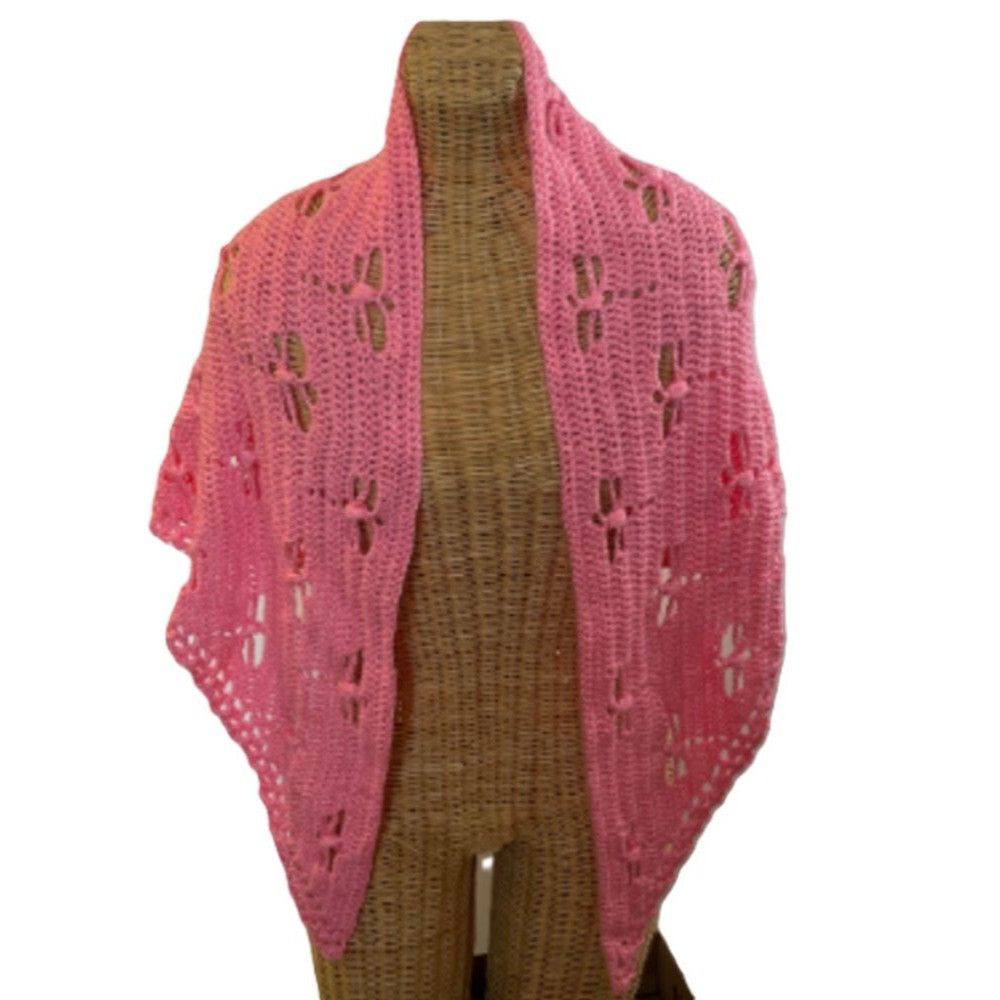 Handmade Crochet Shawl Cowl Wrap Dragonfly Cut Outs Pink 78" x 35" Ac Size ONE SIZE - 5 Thumbnail