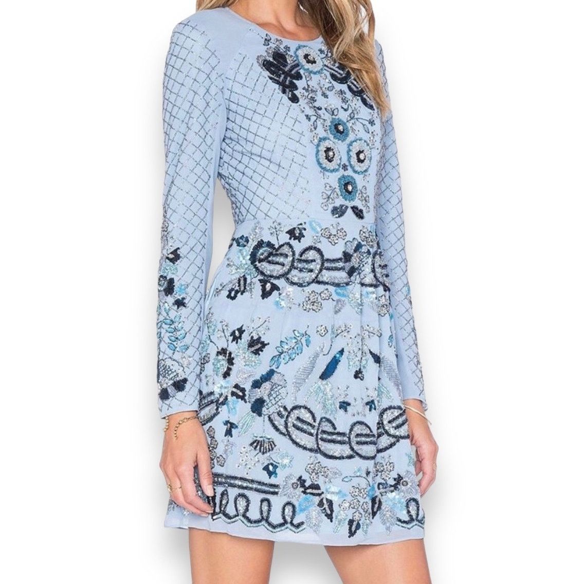 image of Needle & Thread Georgette Beaded Blue Long Sleeve Dress, Women's (Size Large)