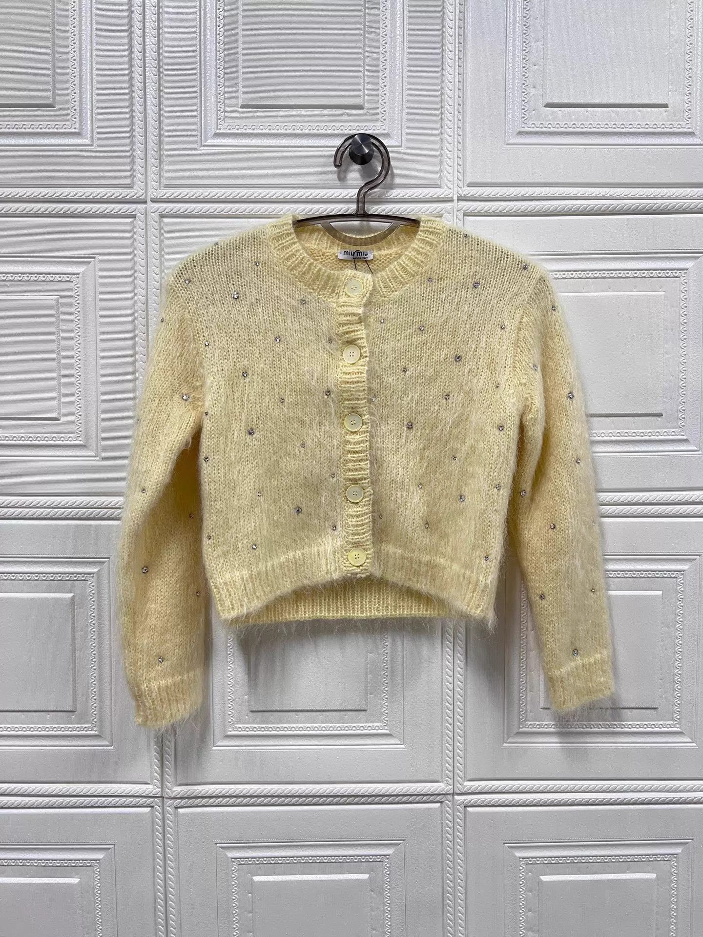 Miu Miu MIU MIU yellow crystal-embellished mohair cardigan 40 99 new Size S / US 4 / IT 40 - 1 Thumbnail