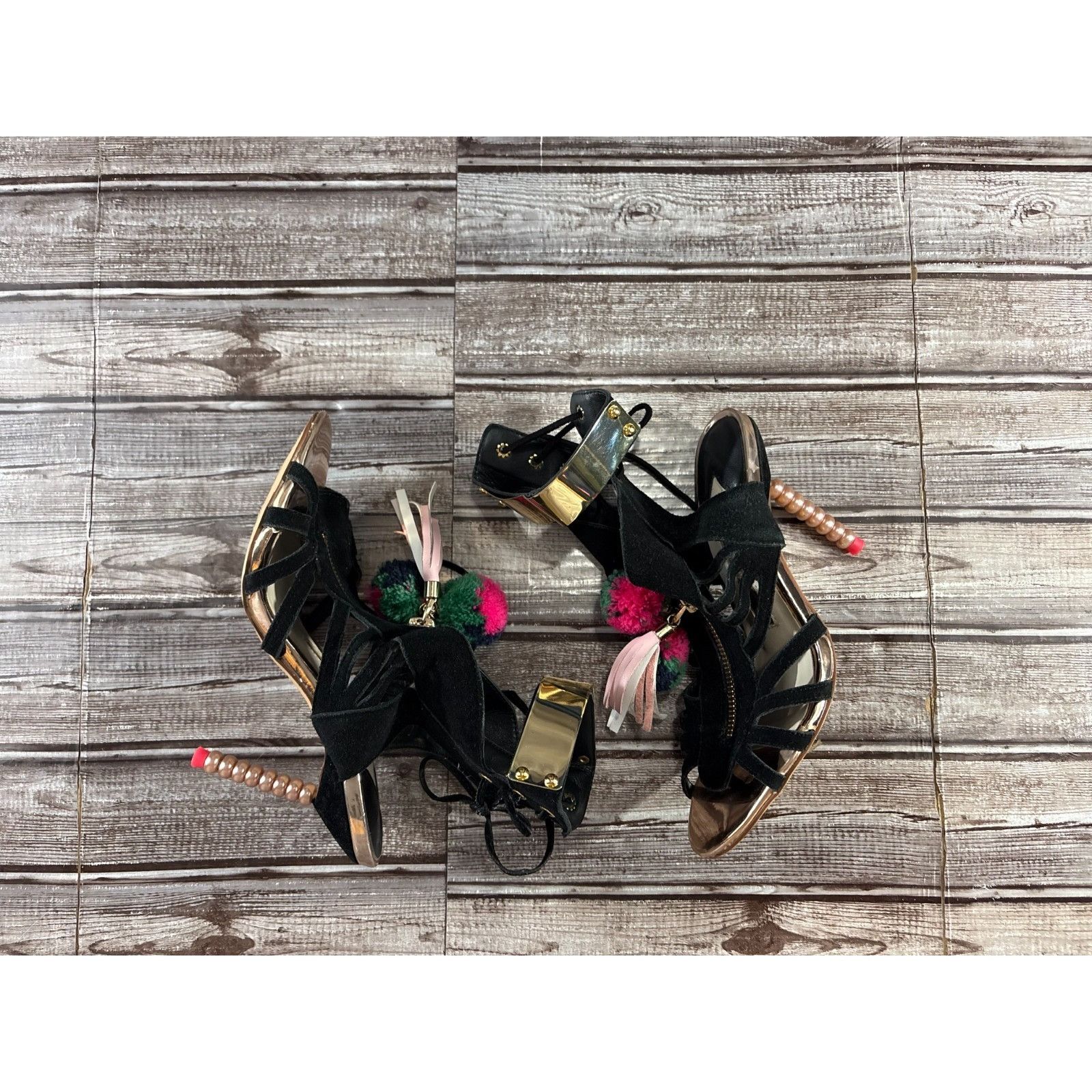 Sophia Webster Sophia Webster Gold Mirrored Leather Yasmina Pom Pom Sandals Size US 7 / IT 37 - 7 Thumbnail