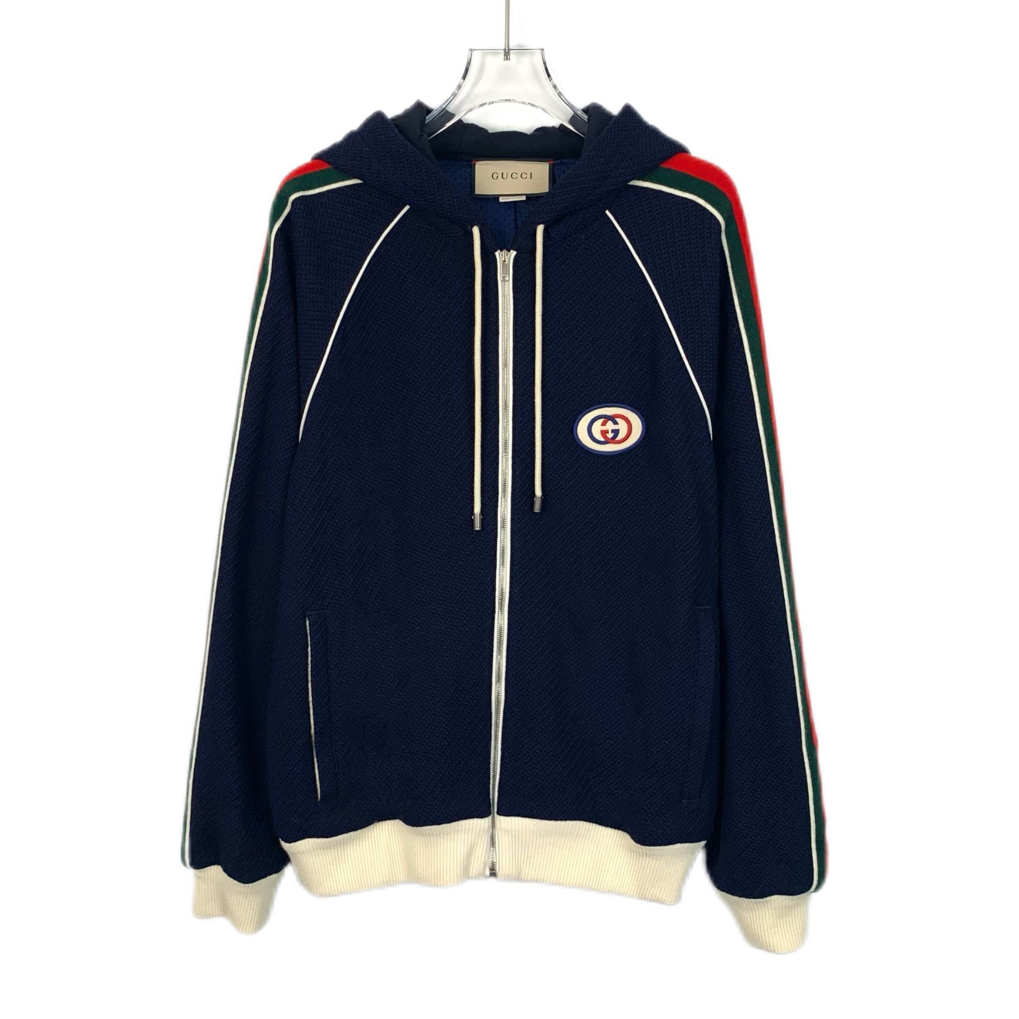 Gucci Navy Hooded Zip-Up Sweatshirt With Red Green Stripes