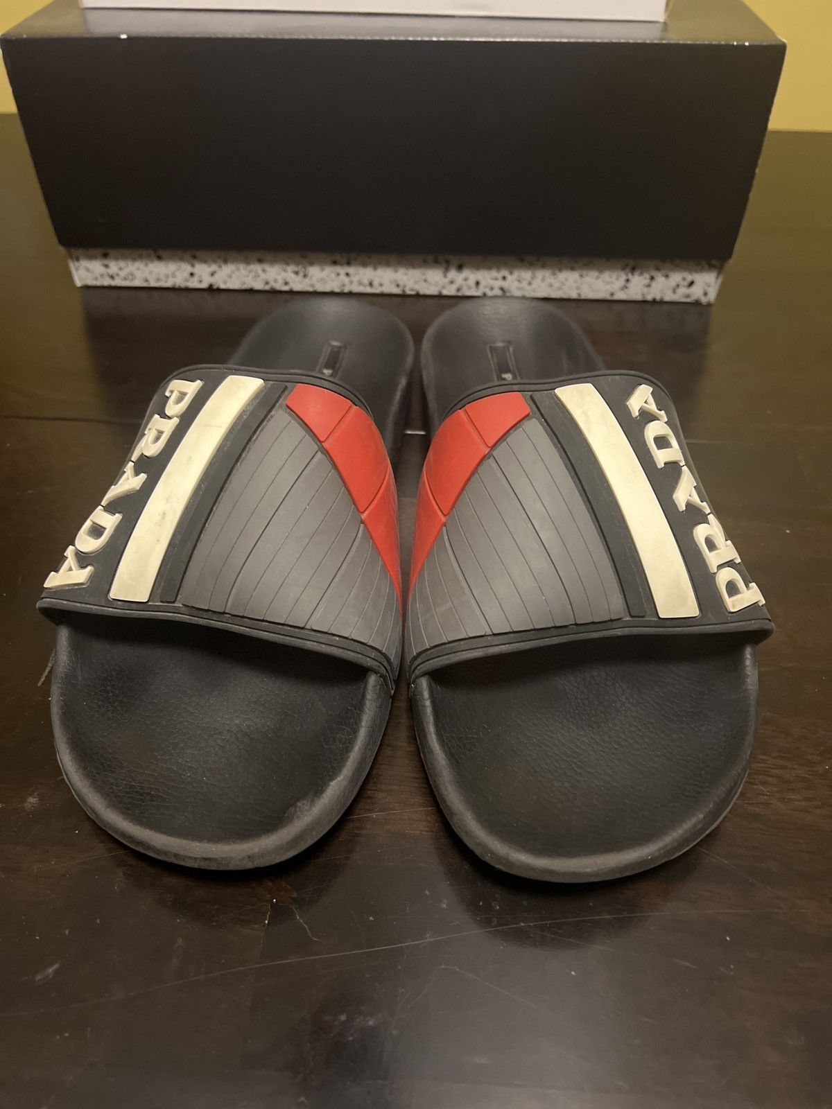 image of Prada “Poolside” Slide Black/white/red Mens Size 12