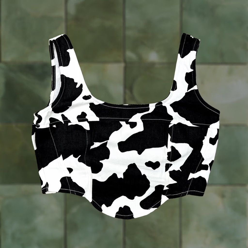 Denime Lone Star Cow Print Corset Structured Denim Crop Top Womens Medium Shirt Sleeveless Cropped Western Cowboy Cowgirl Slim Regular Black Cap Sleeve? Size M / US 6-8 / IT 42-44 - 1 Thumbnail