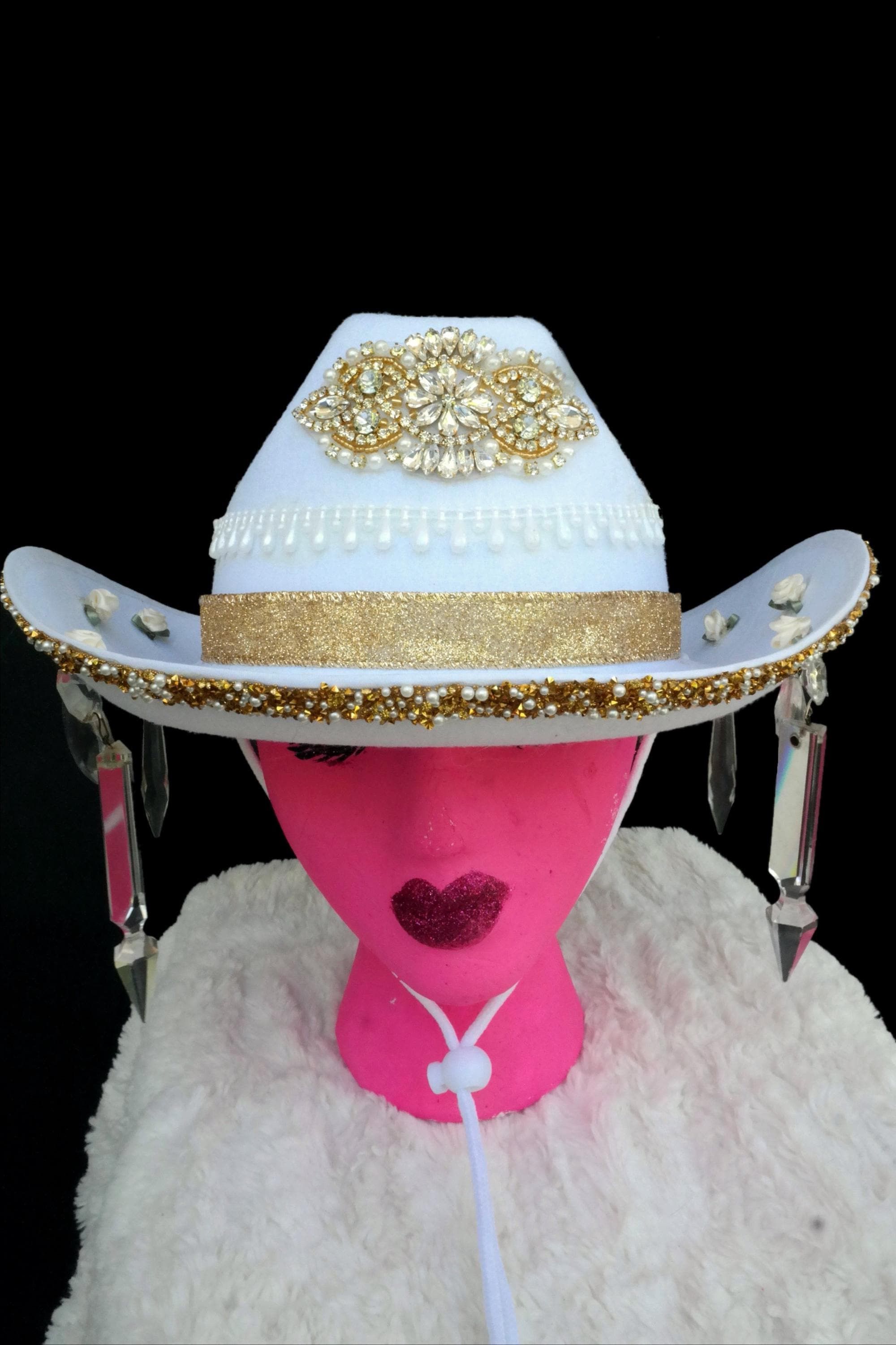 Handmade Gold & White Glass Hanging Cowgirl Hat Size ONE SIZE - 1 Thumbnail