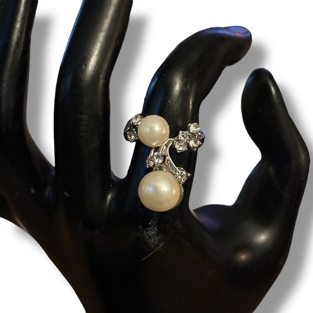 Vintage Vintage silver tone double pearl and rhinestone ring Size ONE SIZE - 3 Thumbnail