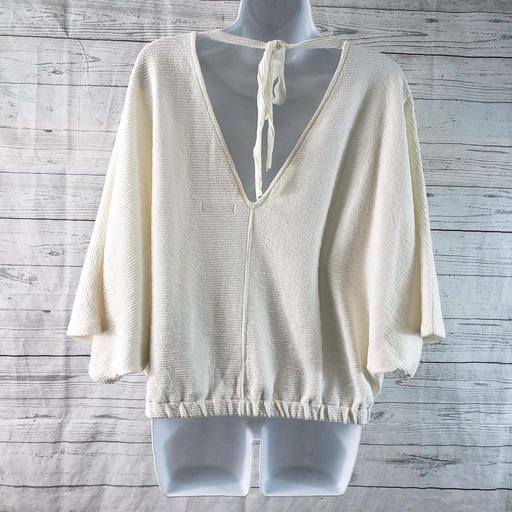 Madewell Madewell Womens Textural Tie Back Top Sz Small Ivory 3/4 Sleeve Blouse Tie Hem Banded Bottom Solid Cotton Blend Size S / US 4 / IT 40 - 4 Thumbnail