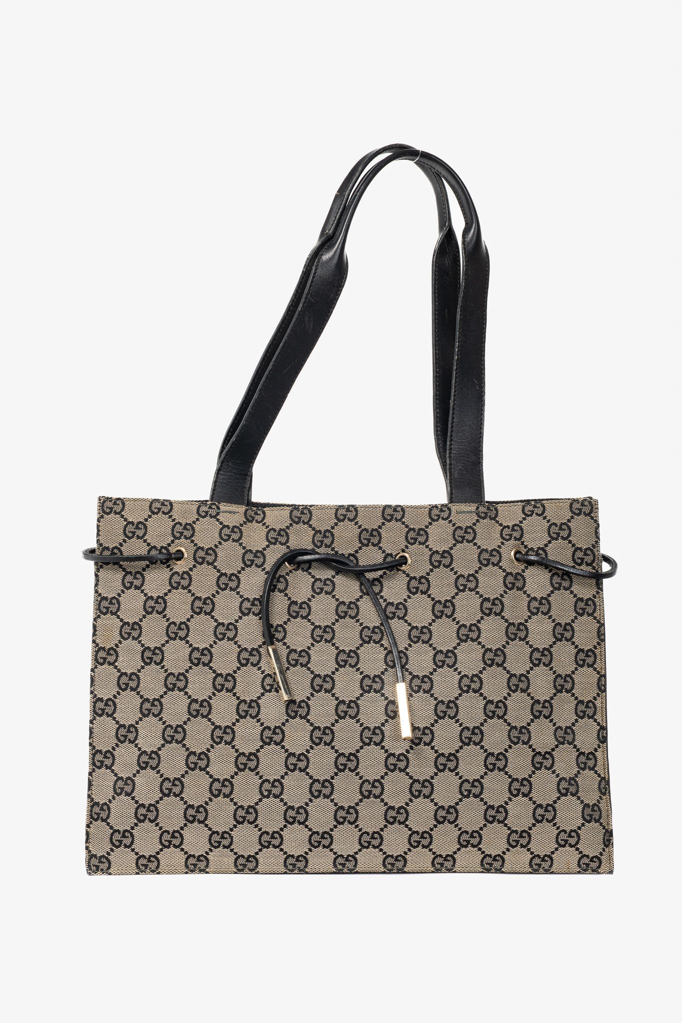 Gucci Gucci Khaki GG Canvas Black-Leather Drawstring Tote Size ONE SIZE - 1 Thumbnail
