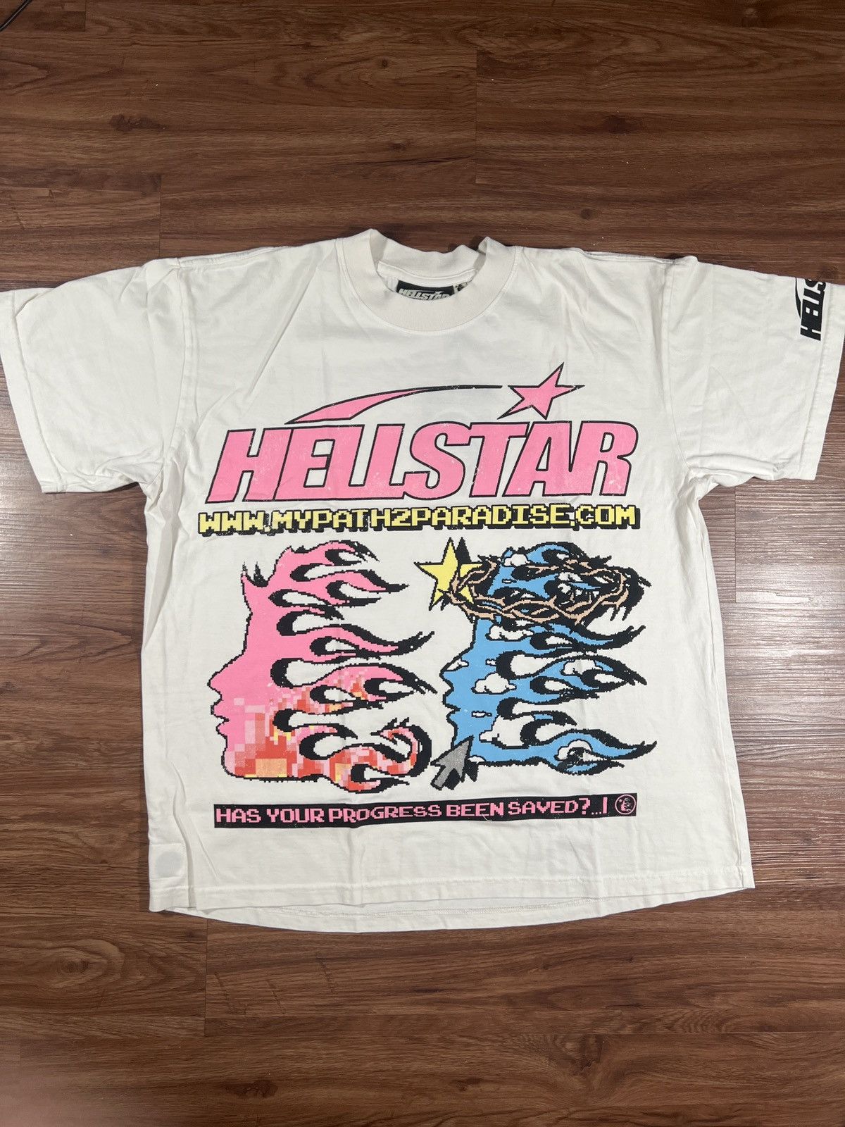 image of Hellstar Pixel Shirt Pink,blue,yellow in Cream, Men's (Size XL)