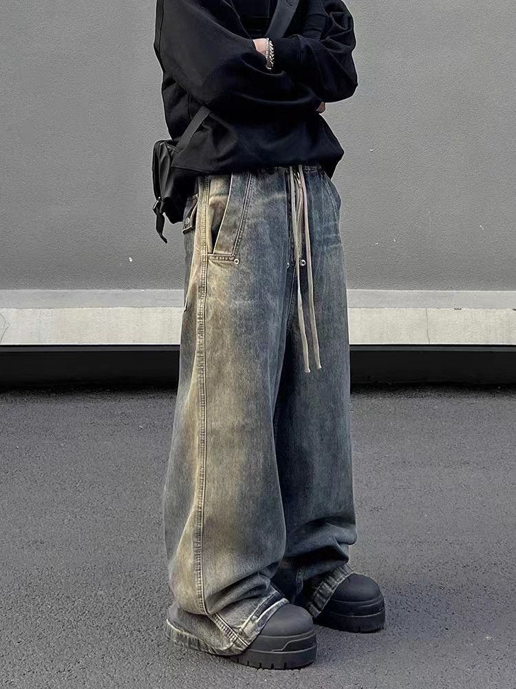 Retro wash gradient drawstring work wide leg jeans