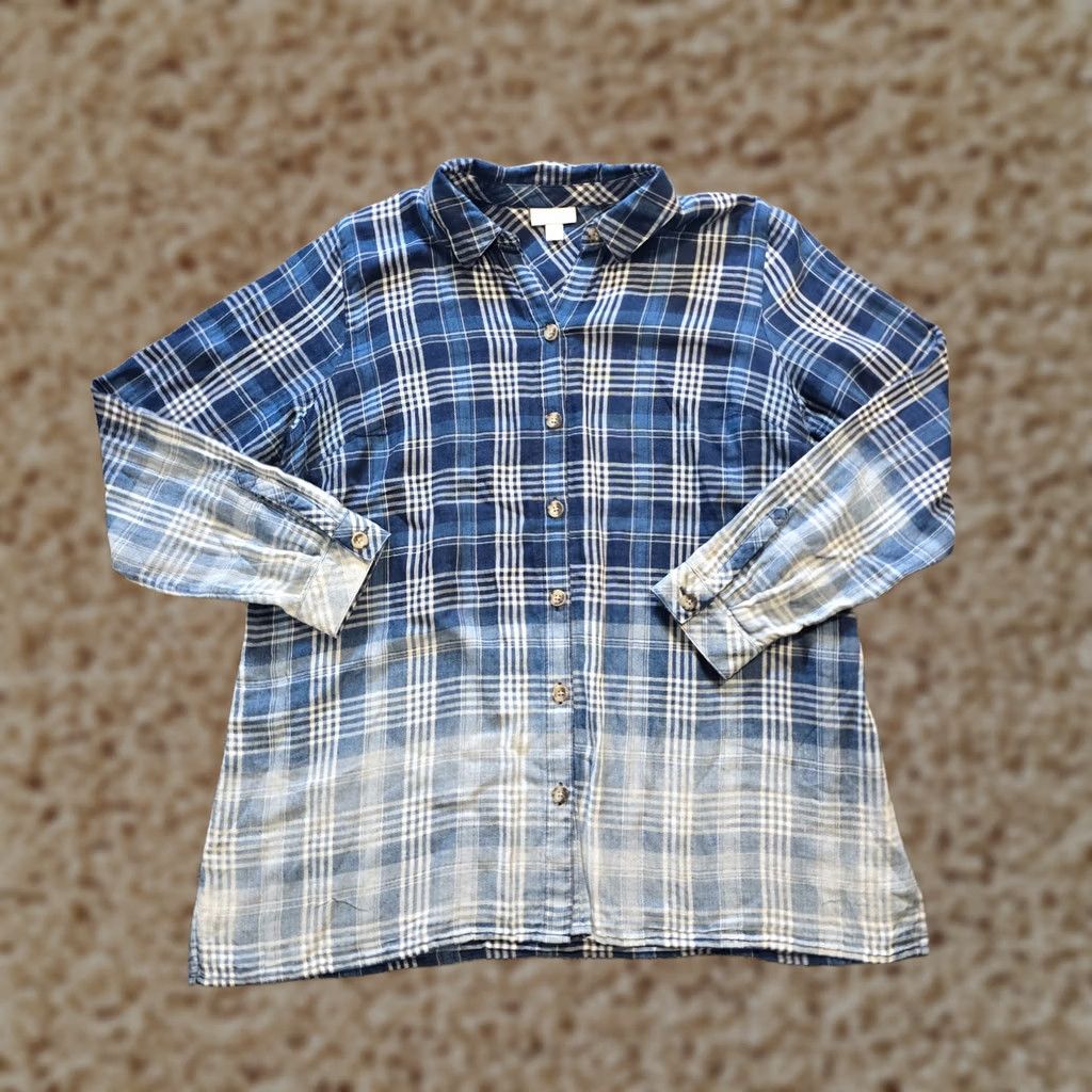 J. Jill J Jill Top Womens Medium Blue Plaid Distressed Ombre Long Sleeve Button Casual Shirt Size M / US 6-8 / IT 42-44 - 1 Thumbnail