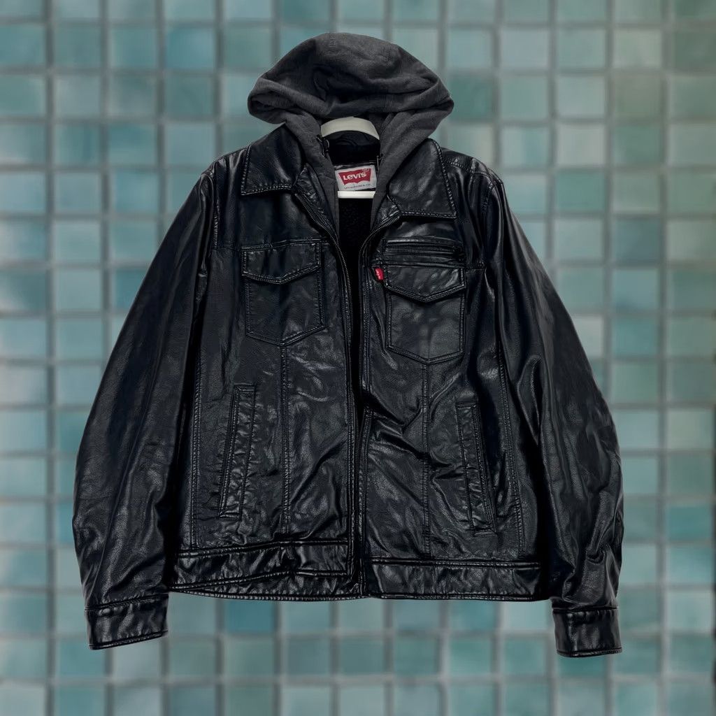 Levi's VTG Levi's Jacket Mens M Black Faux Leather Sherpa Lined Hooded Bomber Coat Jacket/Coat Short Size US M / EU 48-50 / 2 - 1 Thumbnail