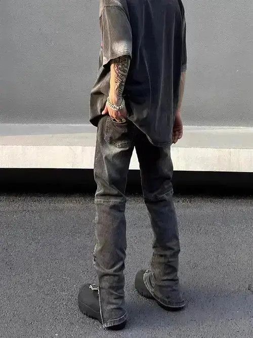 VIBE Street Washed Gray Grunge Side Zip Micro Flared Jeans Size US 32 / EU 48 - 3 Thumbnail