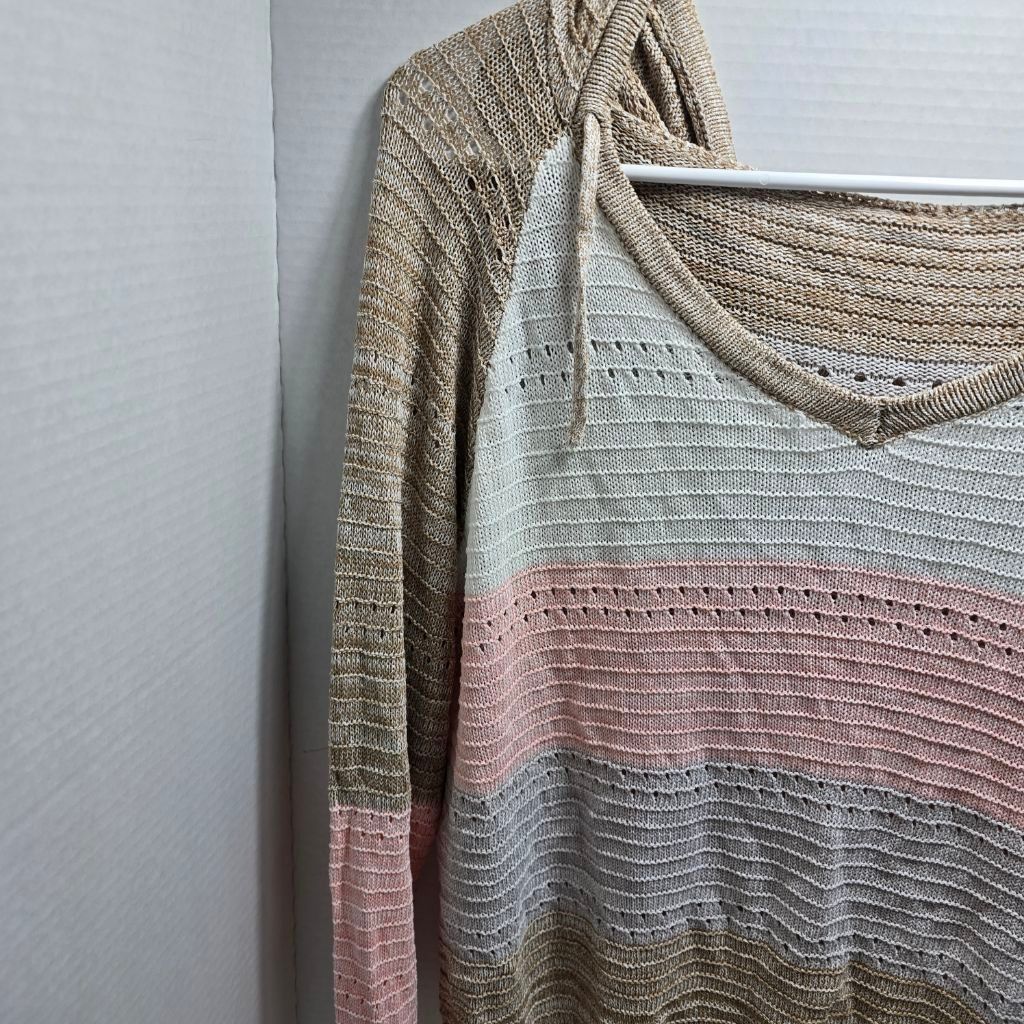 The Unbranded Brand Women's Unbranded V-Neck Sweater L Beige Pink Striped Hooded Size L / US 10 / IT 46 - 2 Thumbnail