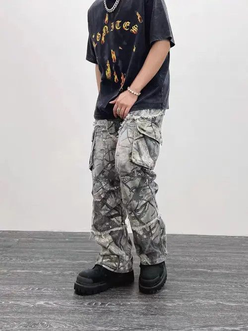 VIBE Retro camouflage irregular raw edge work jeans Size US 34 / EU 50 - 1 Thumbnail