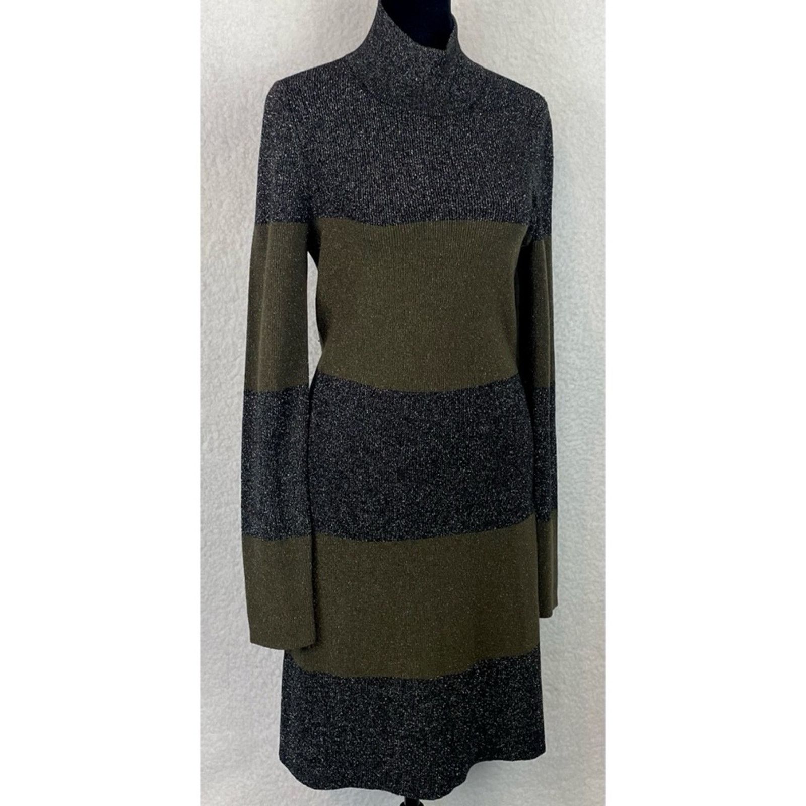 A.L.C. A.L.C. • Green/Black Striped Metallic Long Sleeve Mini Dress Size L / US 10 / IT 46 - 11 Thumbnail