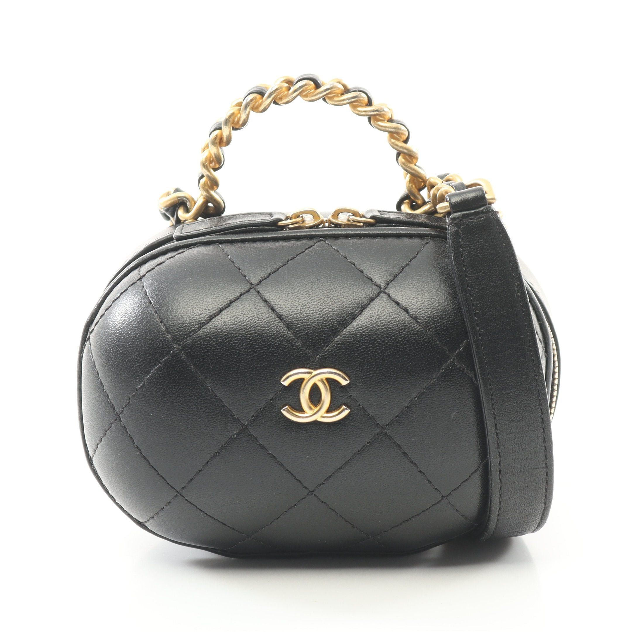 Chanel Matelasse Top Handle Vanity Bag Chain Shoulder Lambskin Black Gold Hardware