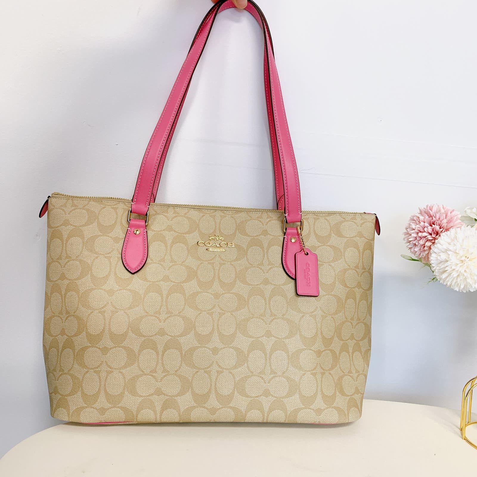 image of Coach Ch504 Gallery Tote In Signature Canvas In Light Khaki in Brown, Women's