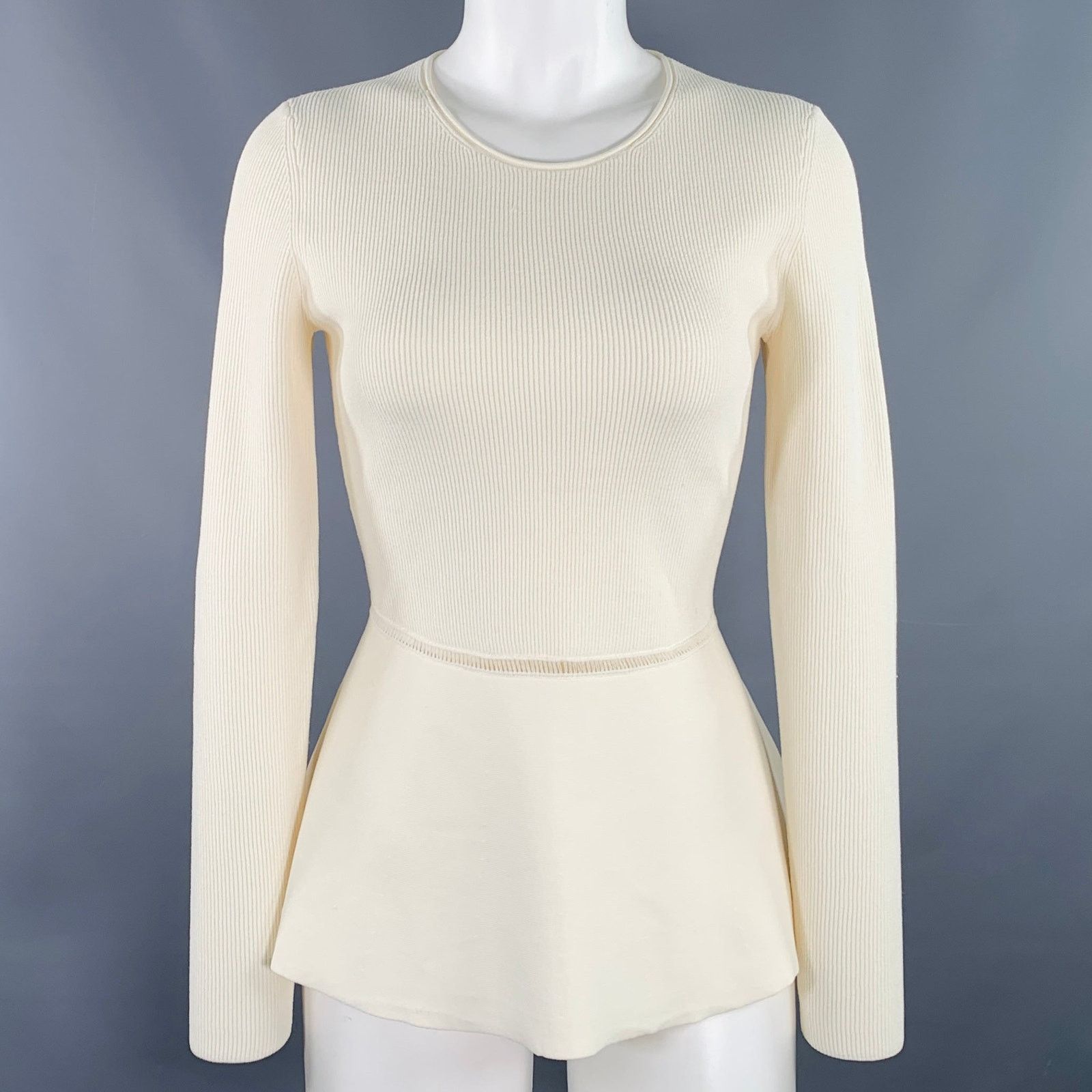 Peplum Compact Crepe Cream Viscose Blend Ribbed Casual Top